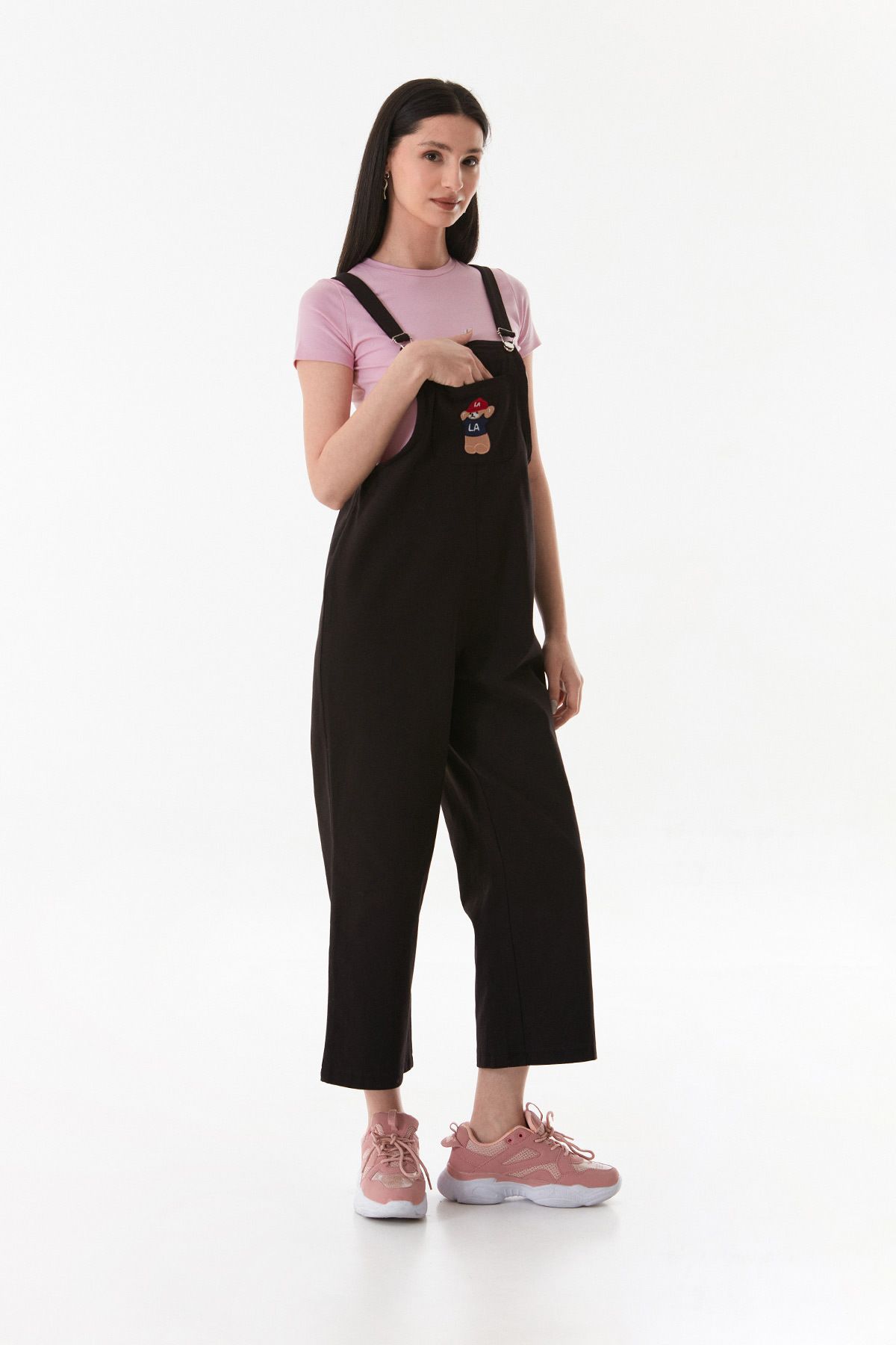 Fulla Moda-Teddy Bear Embroidered Strappy Jumpsuit with Front Pocket 5
