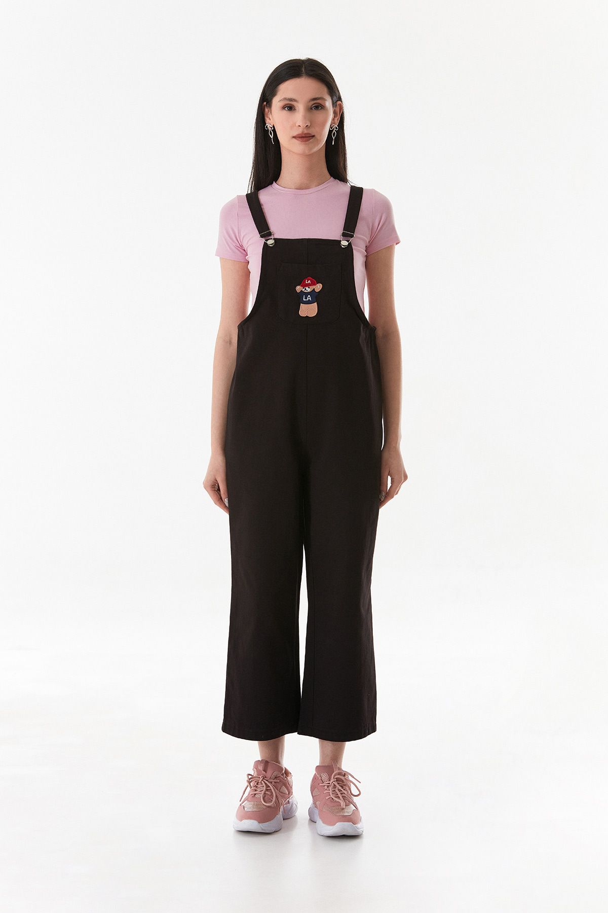 Fulla Moda-Teddy Bear Embroidered Strappy Jumpsuit with Front Pocket 8