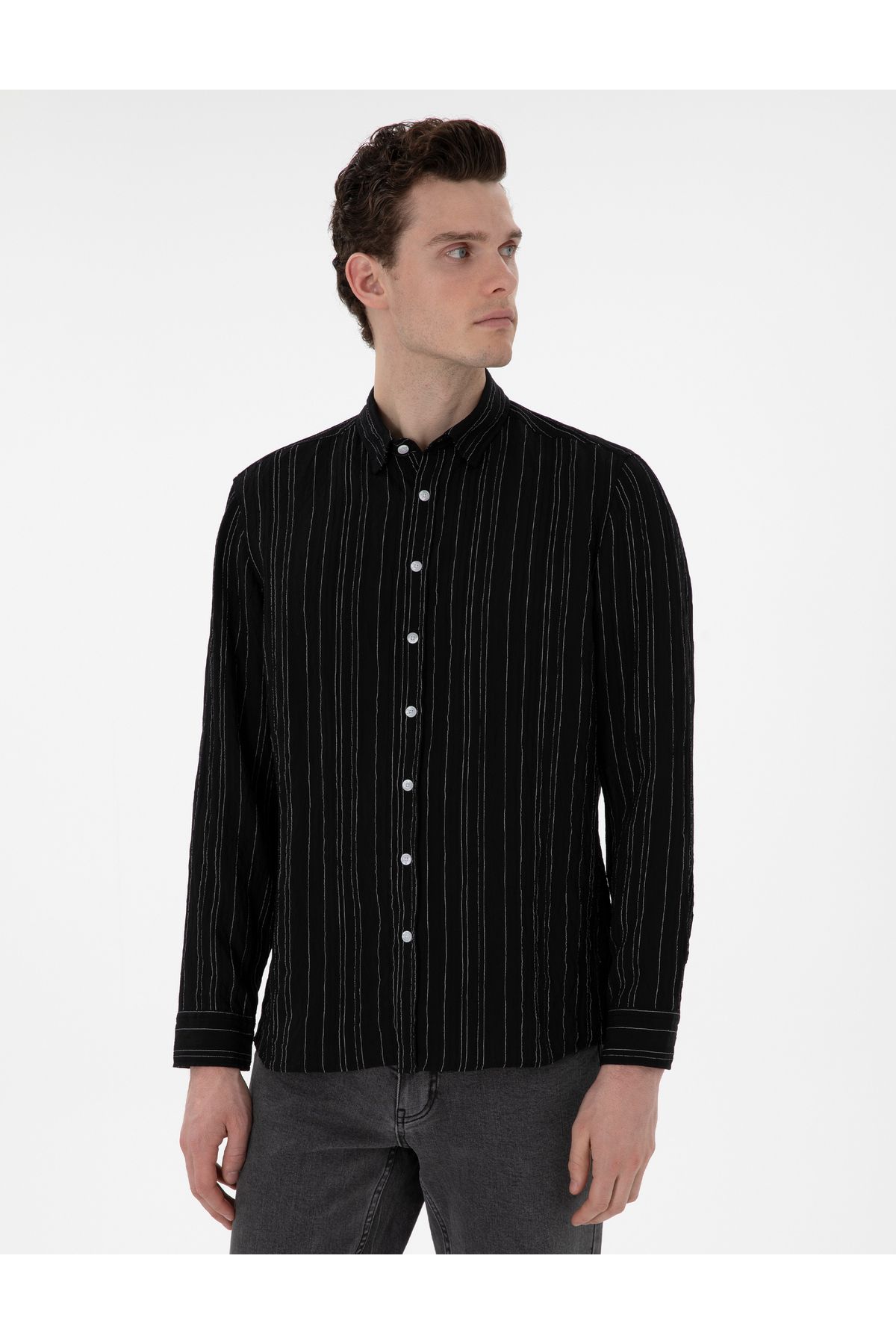 پیراهن آستین بلند مشکی منظم 50301750-VR046 Pierre Cardin