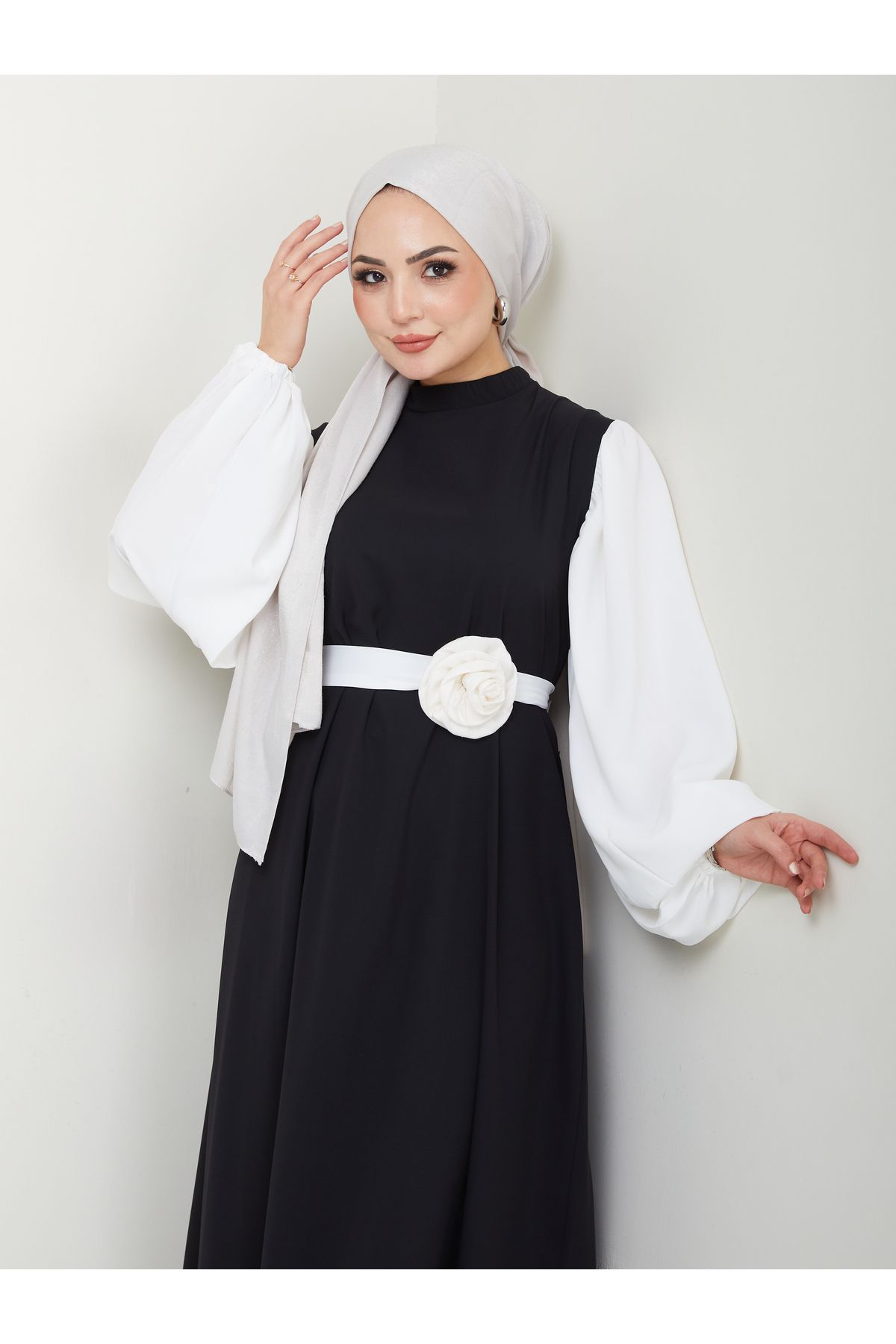 EFSUN MODA-Women's Saw Sleeve White Dress Blume Buckle Black Dress 5