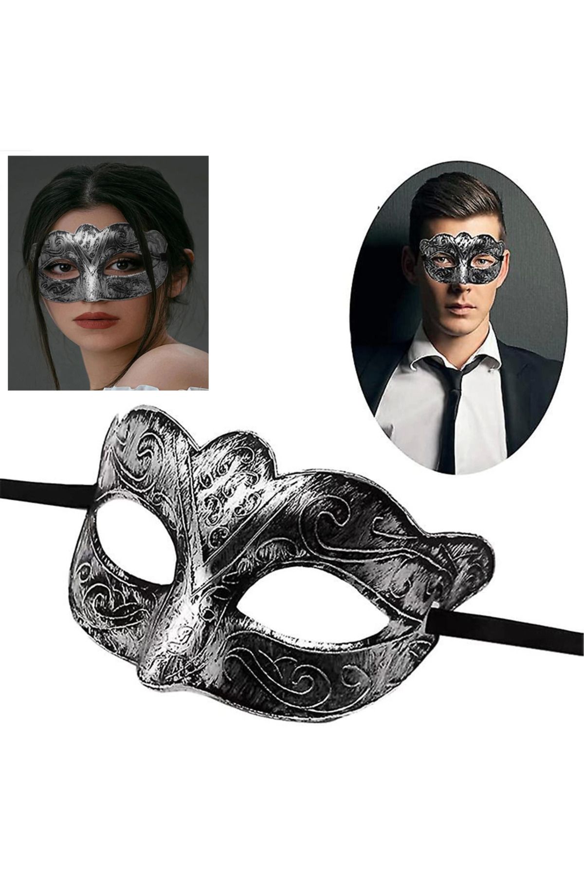 Narnuga Maskeli Balo Antik Gri Gümüş Eskitilmiş Maske Balo Venedik - MCT2578-6249