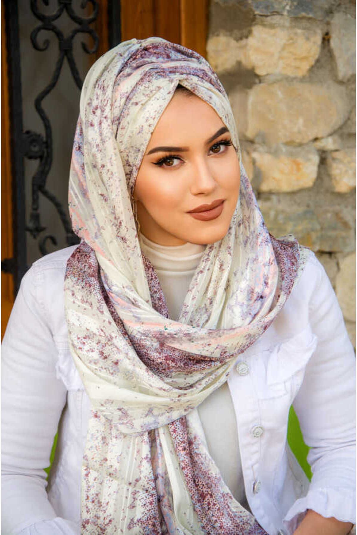 Aişe tesettür-Plum Ecru Patterned Ready Made Chiffon Shawl 4
