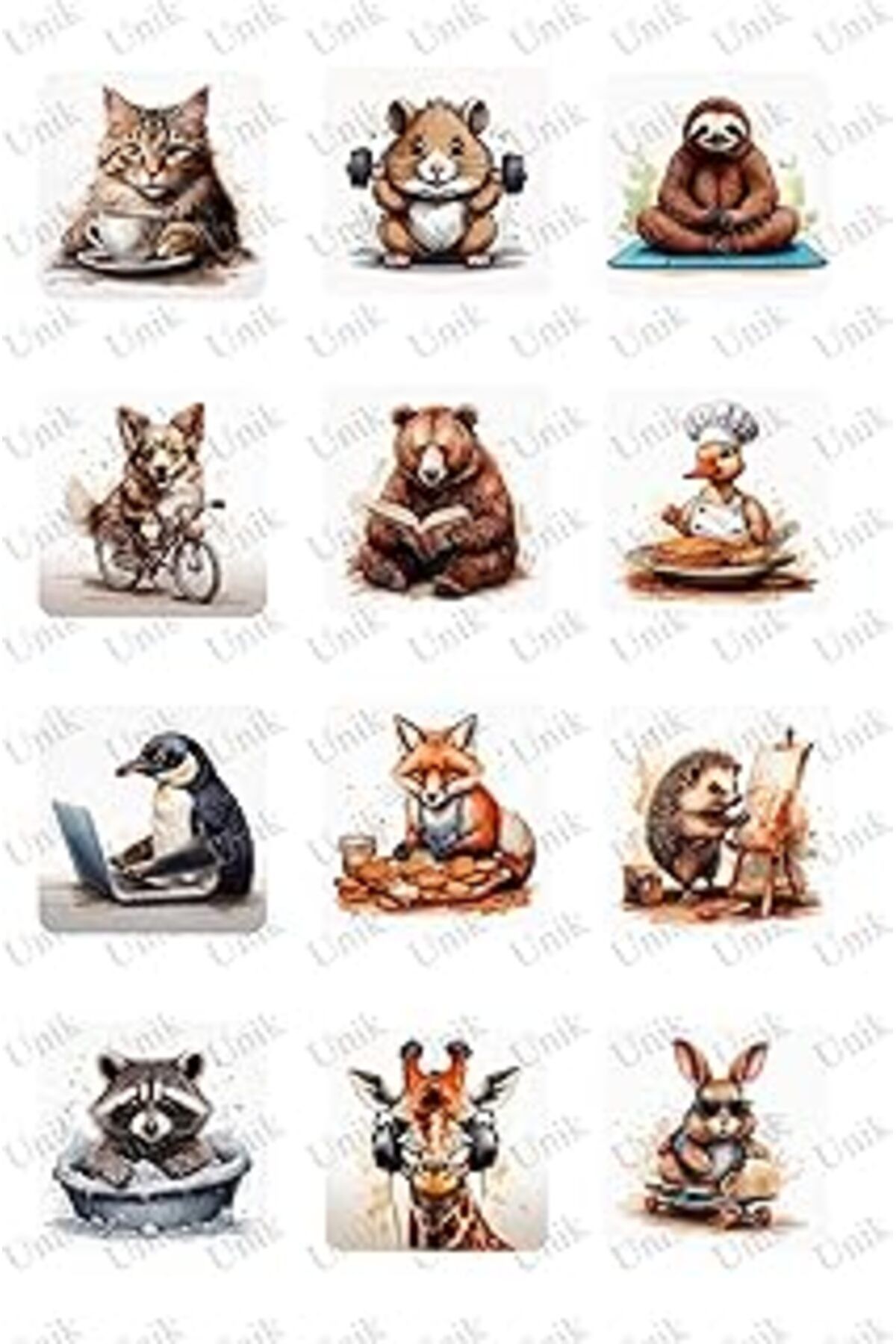 Mu Art Unik Cute Everyday Animals - Sevimli Hayvanlar Sticker - Tek Sayfa 8 Sticker Set