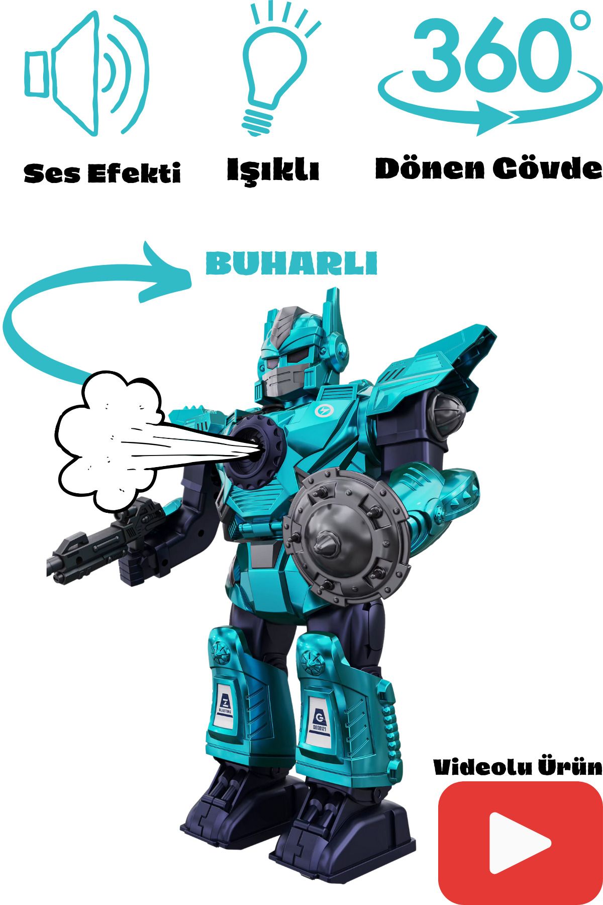 welcomein Oyuncak Işıklı ve Müzikli Buhar Çıkartan Hareketli Pilli Savaşçı Robot Ekipmanlı Buharlı Robot