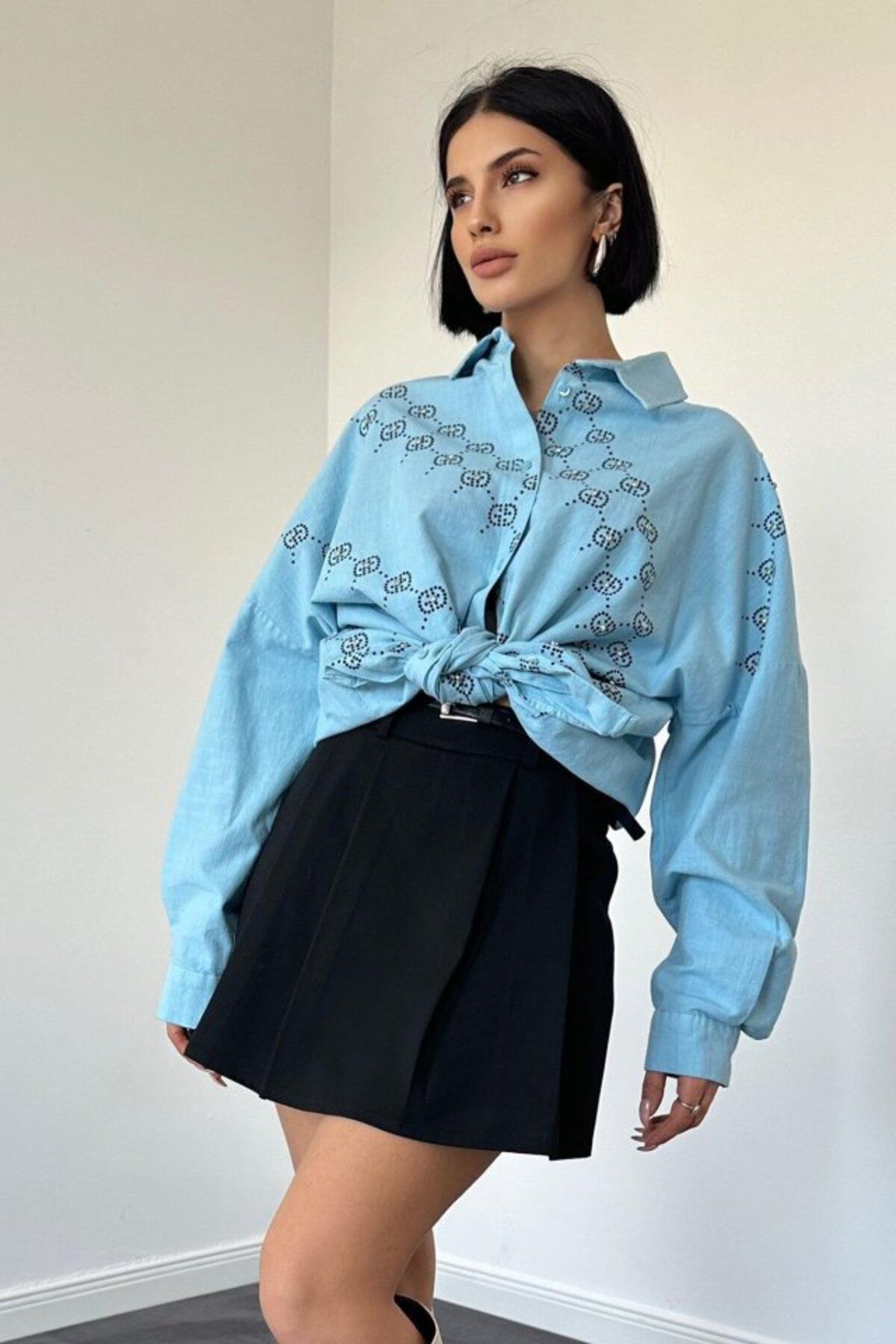 fh fashionhere Mavi Boyamalı Keten Baskılı Taşlı Gömlek