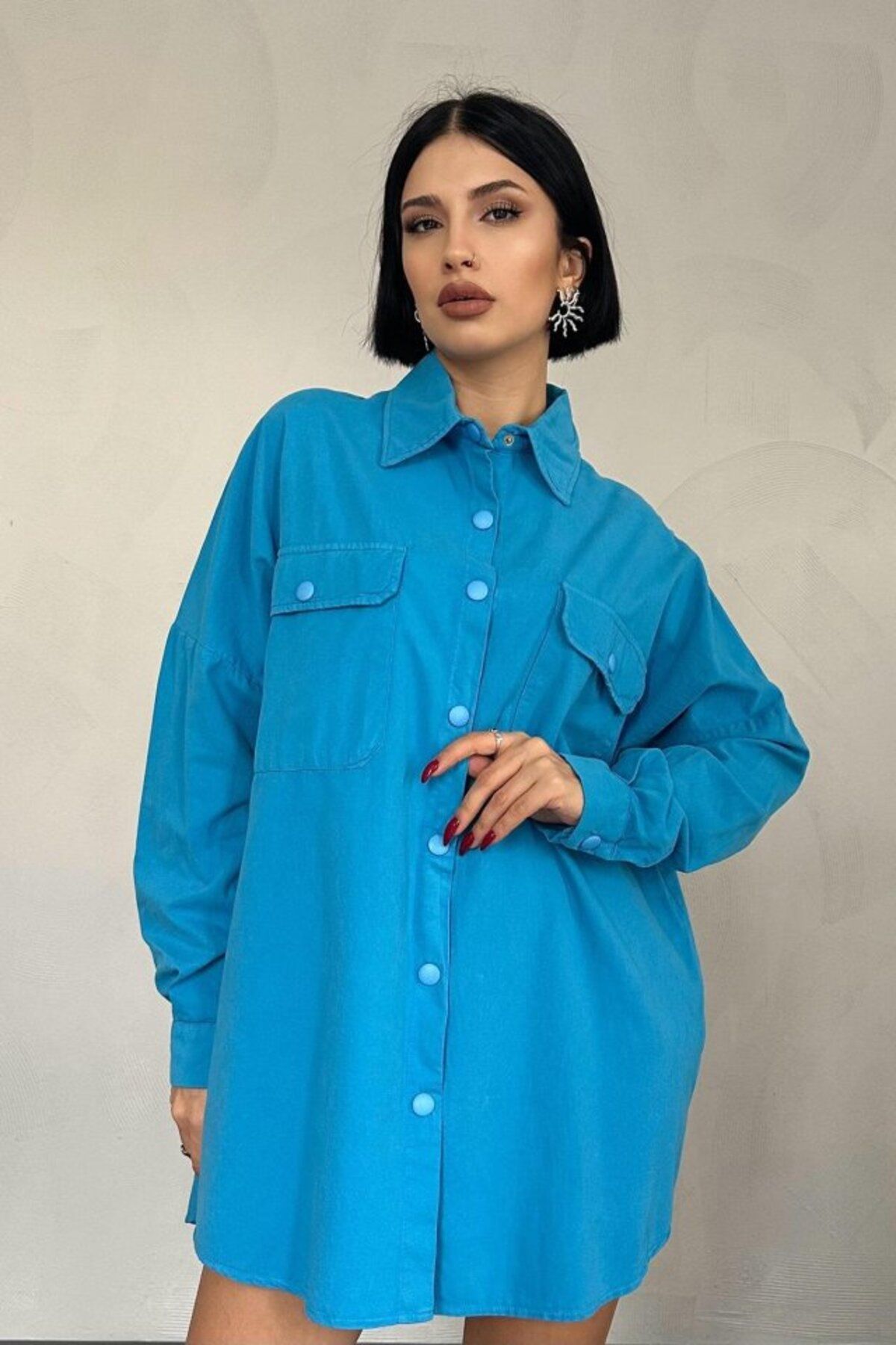 fh fashionhere Mavi Çift Cep Kapaklı Çıtçıtlı Gömlek