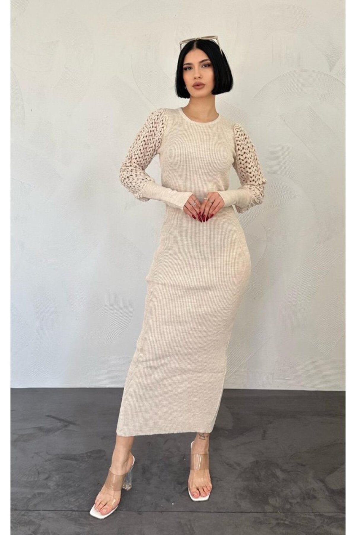 MRA Fashion Taş Kolları Örgülü Triko Elbise
