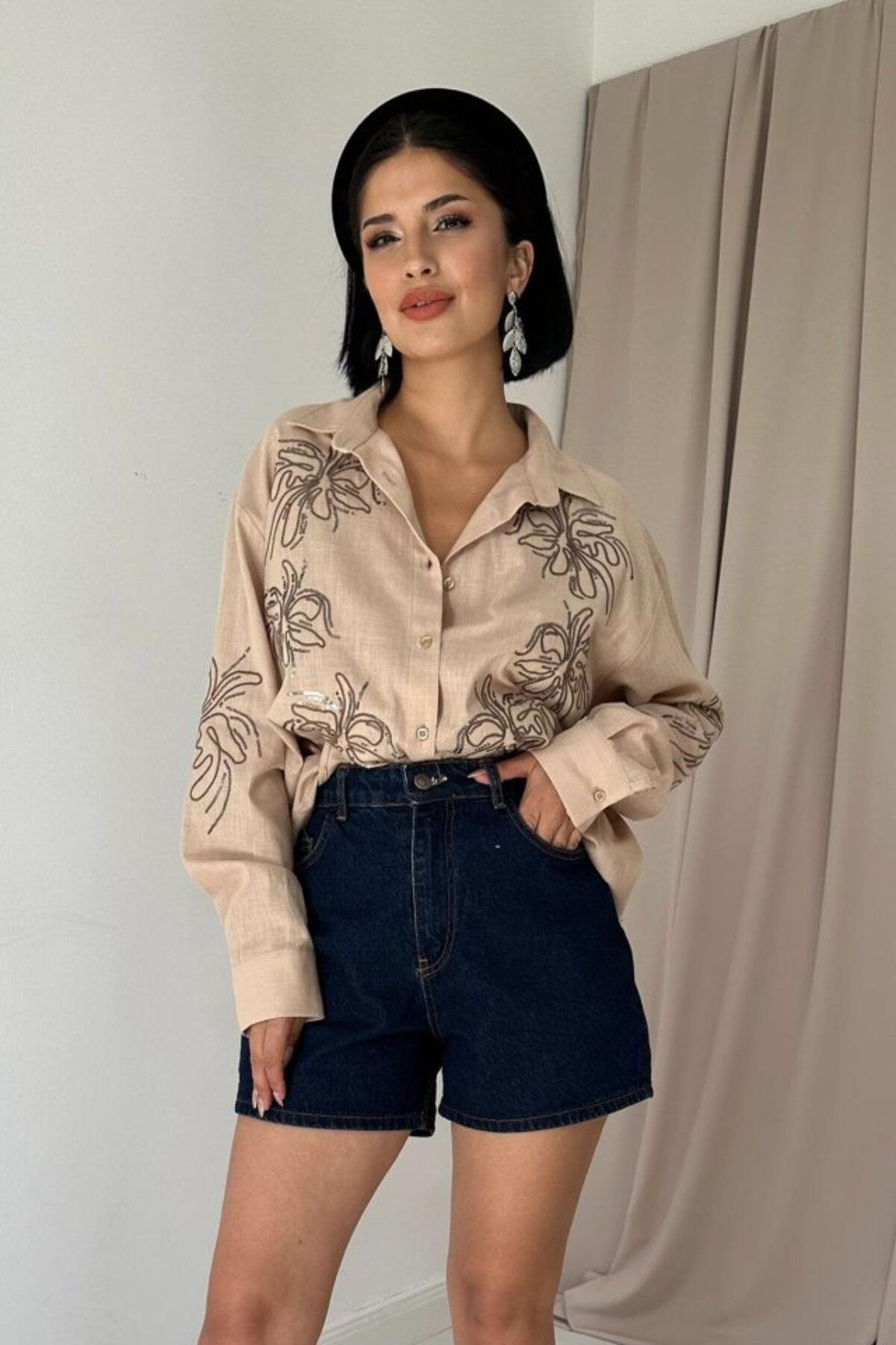 MRA Fashion Vizon Flamlı Keten Nakışlı Pullu Gömlek