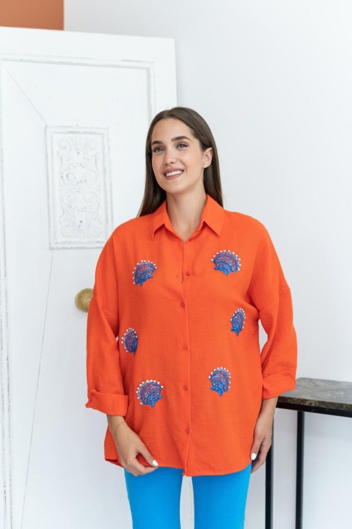 MRA Fashion Oranj Deniz Kabuk Desenli Gömlek