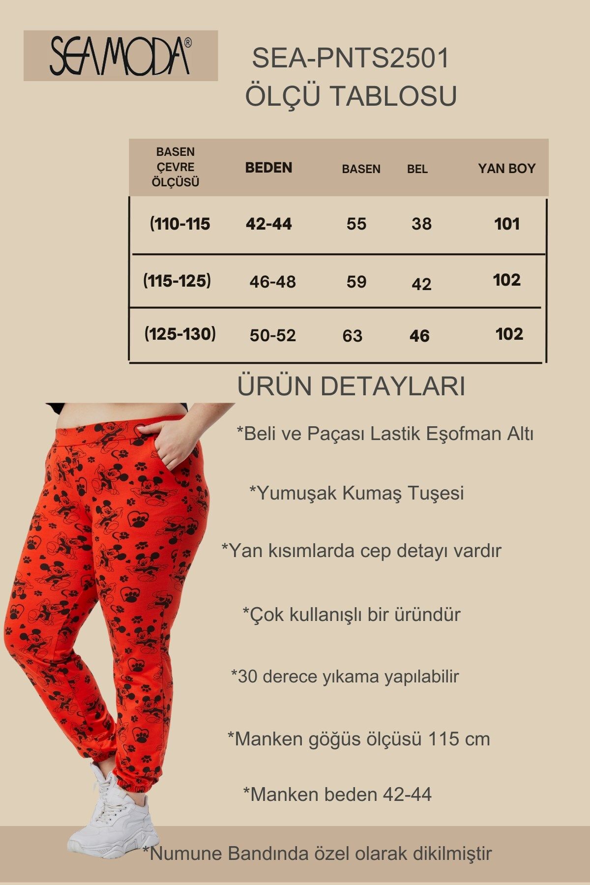 Seamoda-Large Size Elastic Waist and Leg Mickey Patterned Two-Pocket High Waist Comfortable Sweatpants-Red 2