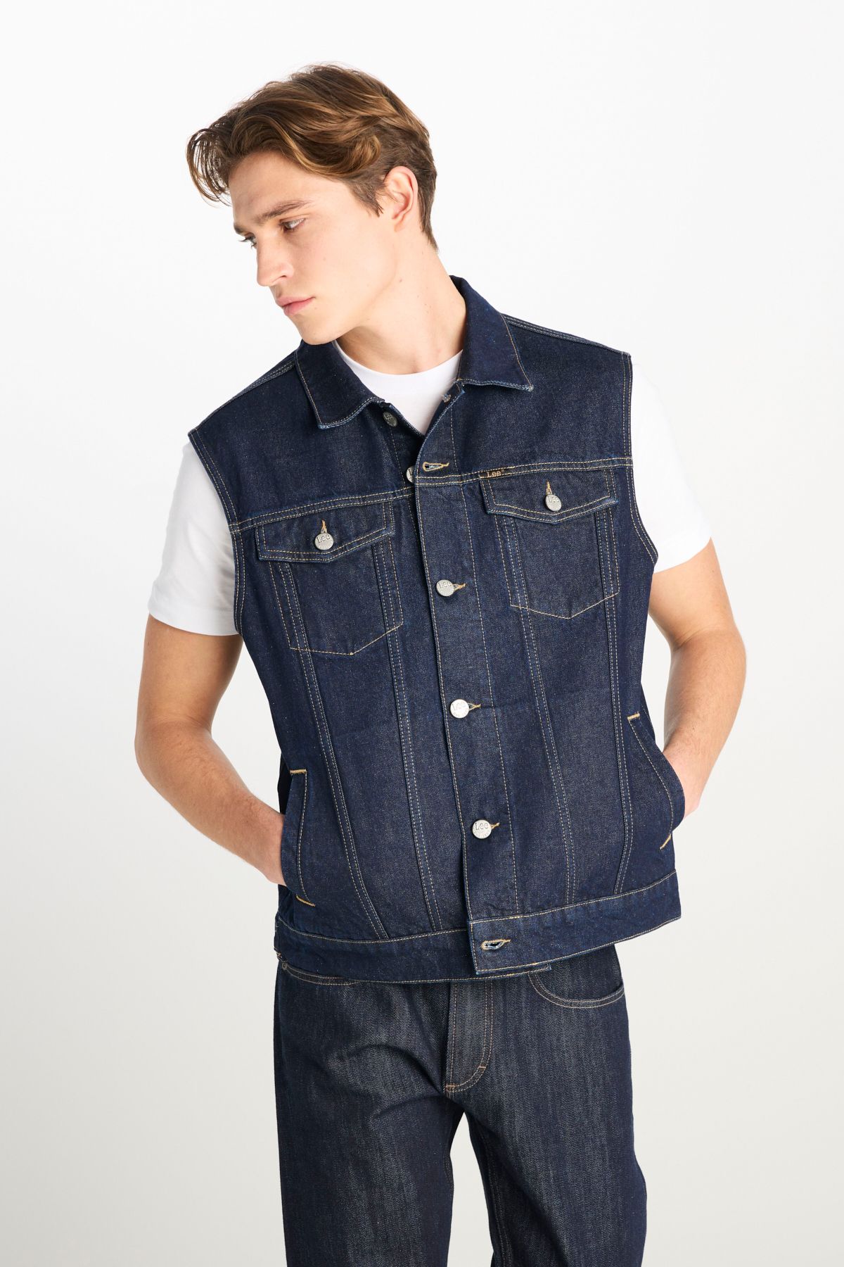 Lee %100 Pamuk Relaxed Fit Geniş Kesim Lacivert Denim Yelek