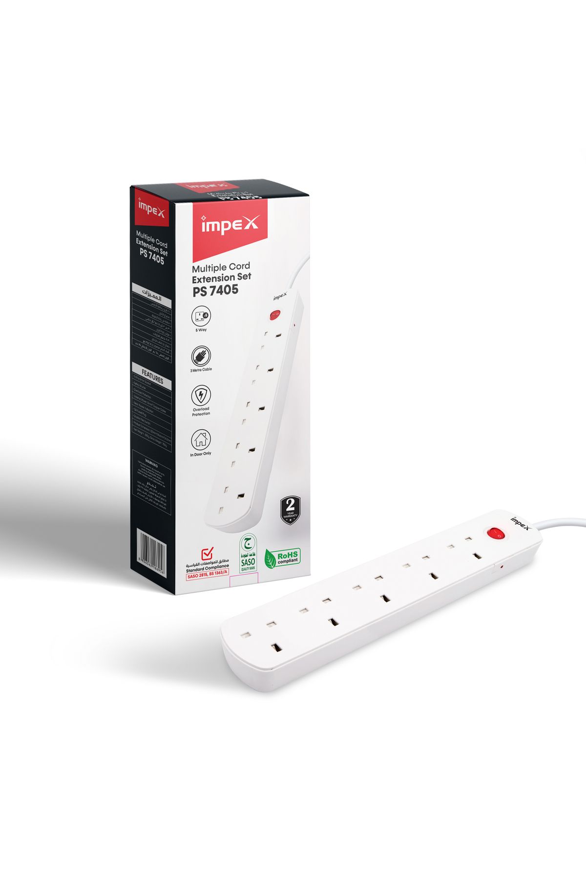 İMPEX-UK Standard Power Socket with Overload Protection. 5 Way 3M 13A 250V 50/60Hz Max 3250W SASO 3