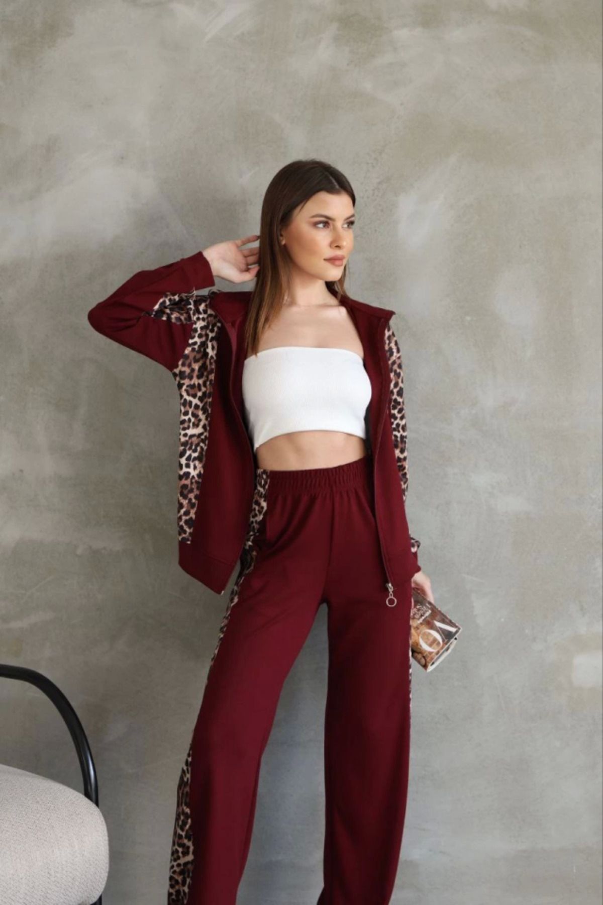 MHT STORE Osy Modal Yumuşak Dokulu Kumaş Kapüşonlu Leopar Desenli Fermuarlı Takım - Bordo