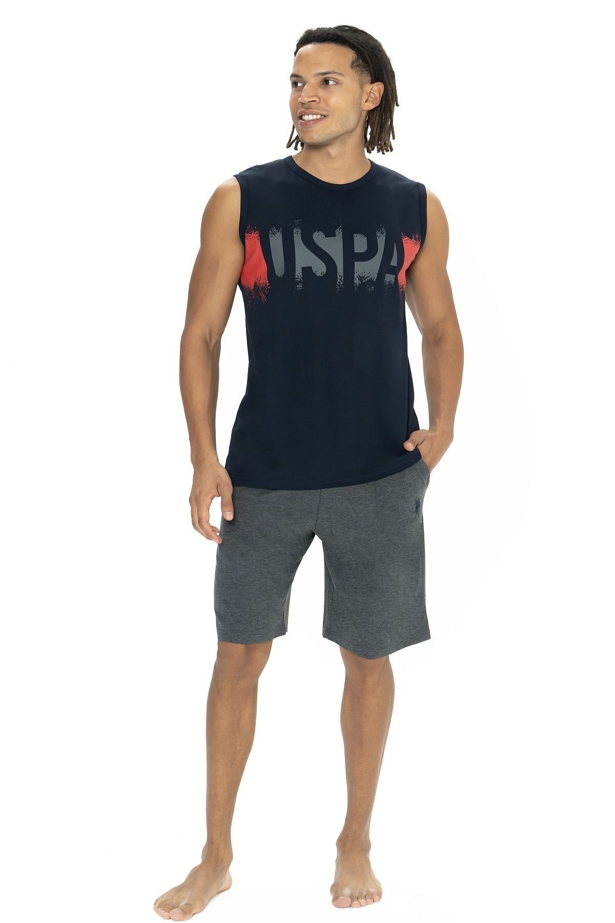 U.S. Polo Assn. U.s. Polo Assn. 18885 Set De Pijamale Pentru Bărbați, Fără Mâneci, Cu Decolteu, Cu Pantaloni Scurți - Bleumarin Masculin - L