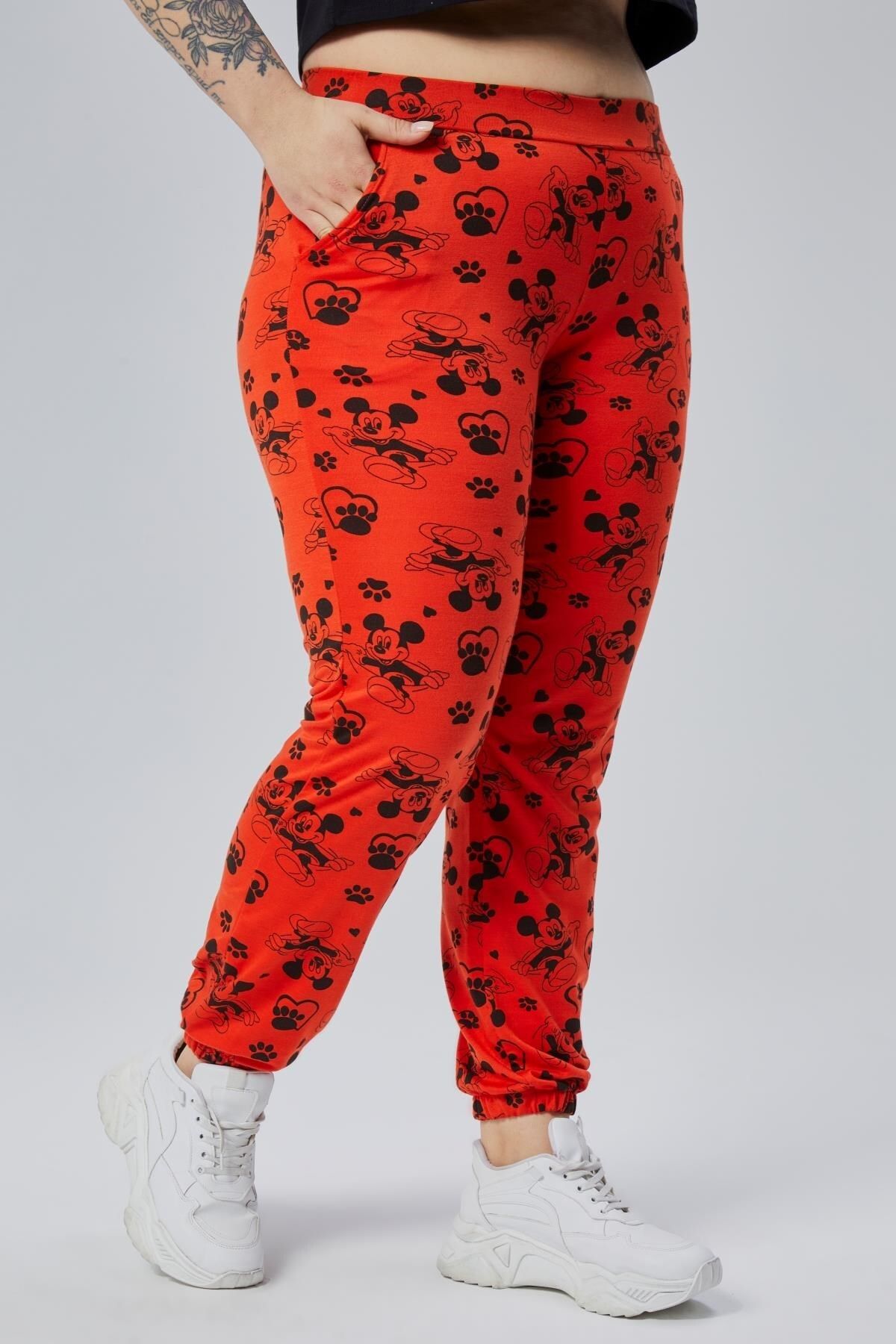 Seamoda-Large Size Elastic Waist and Leg Mickey Patterned Two-Pocket High Waist Comfortable Sweatpants-Red 6