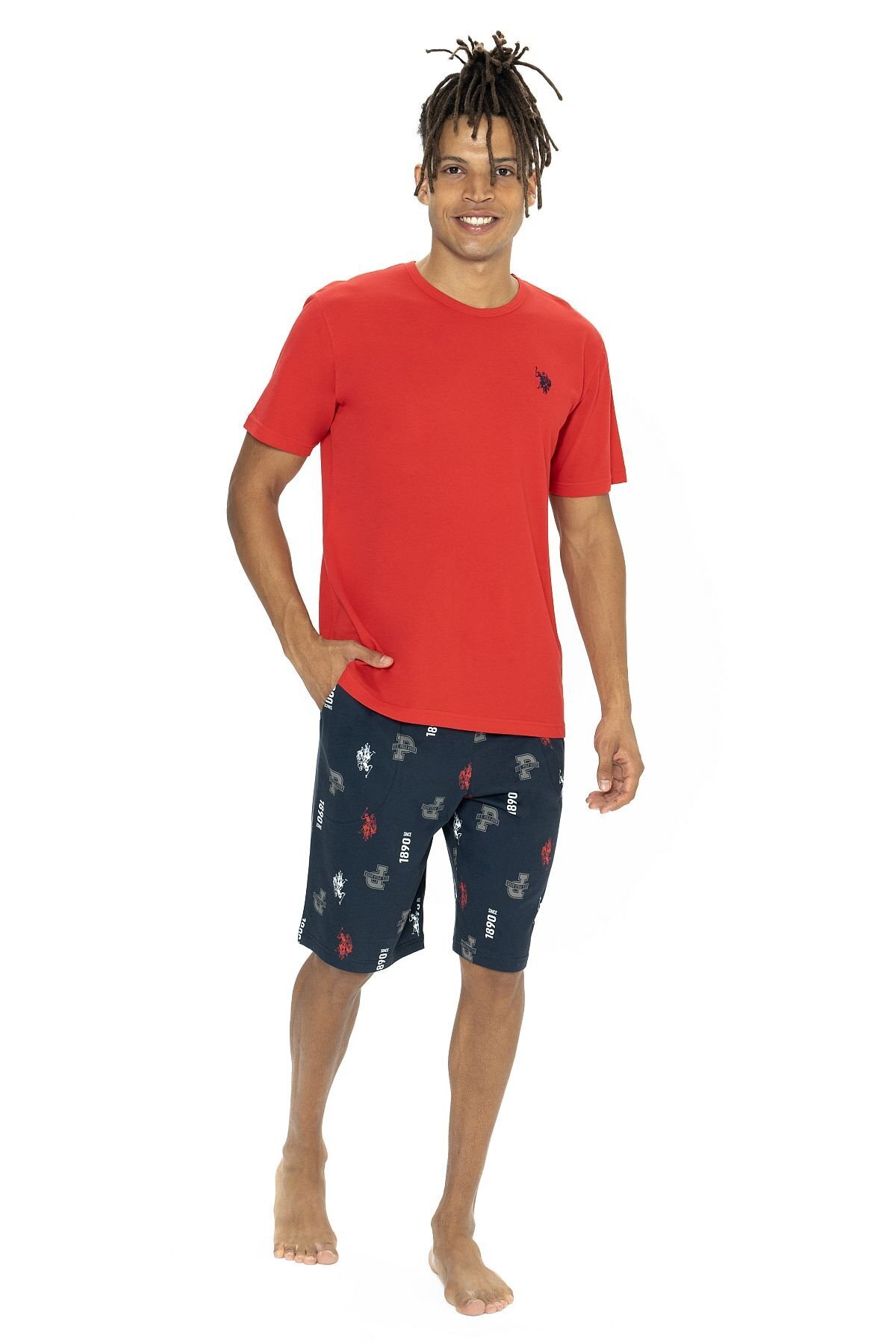 یو اس پولو ست لباس خواب مردانه آستین کوتاه یقه گرد یو اس پولو Assn. 18867 به همراه شلوارک - قرمز
