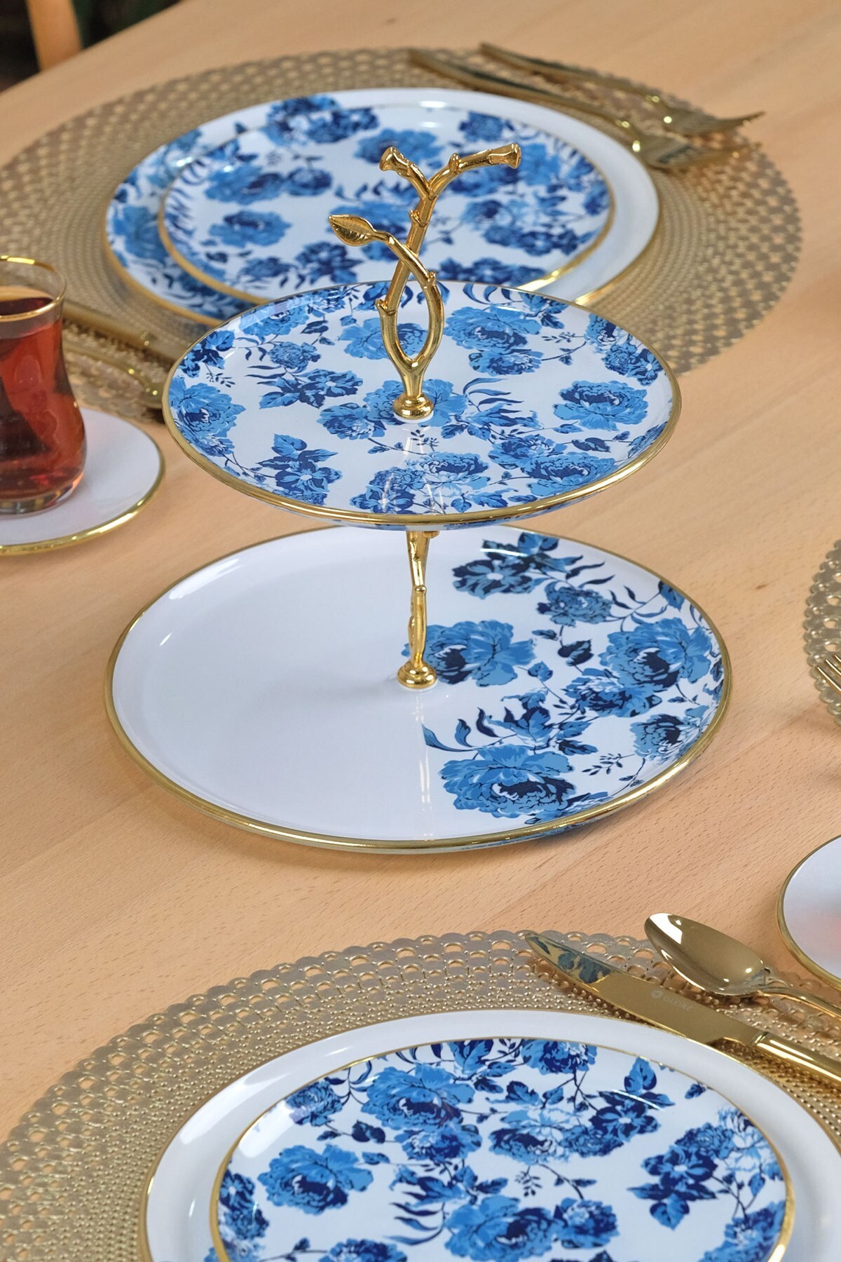 Glore-Blue Rose Gold Gilded 6-Person 28-Piece Cake Tea Serving Set 6