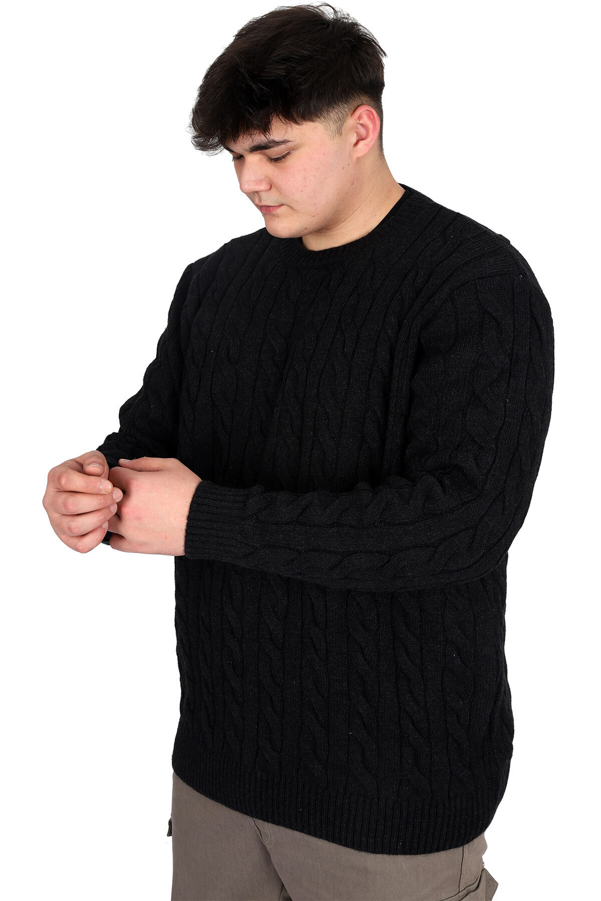 ModeXL Mode XL Büyük Beden Erkek Kazak Bisiklet Yaka BRAIDED 24211 Siyah görsel 2