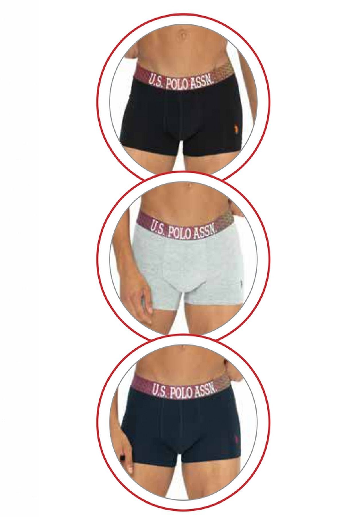 یو اس پولو شورت بوکس مردانه U.S. Polo Assn. 80571، بسته 3 عددی، نخی - مشکی و خاکستری، ملانژ و سرمه‌ای