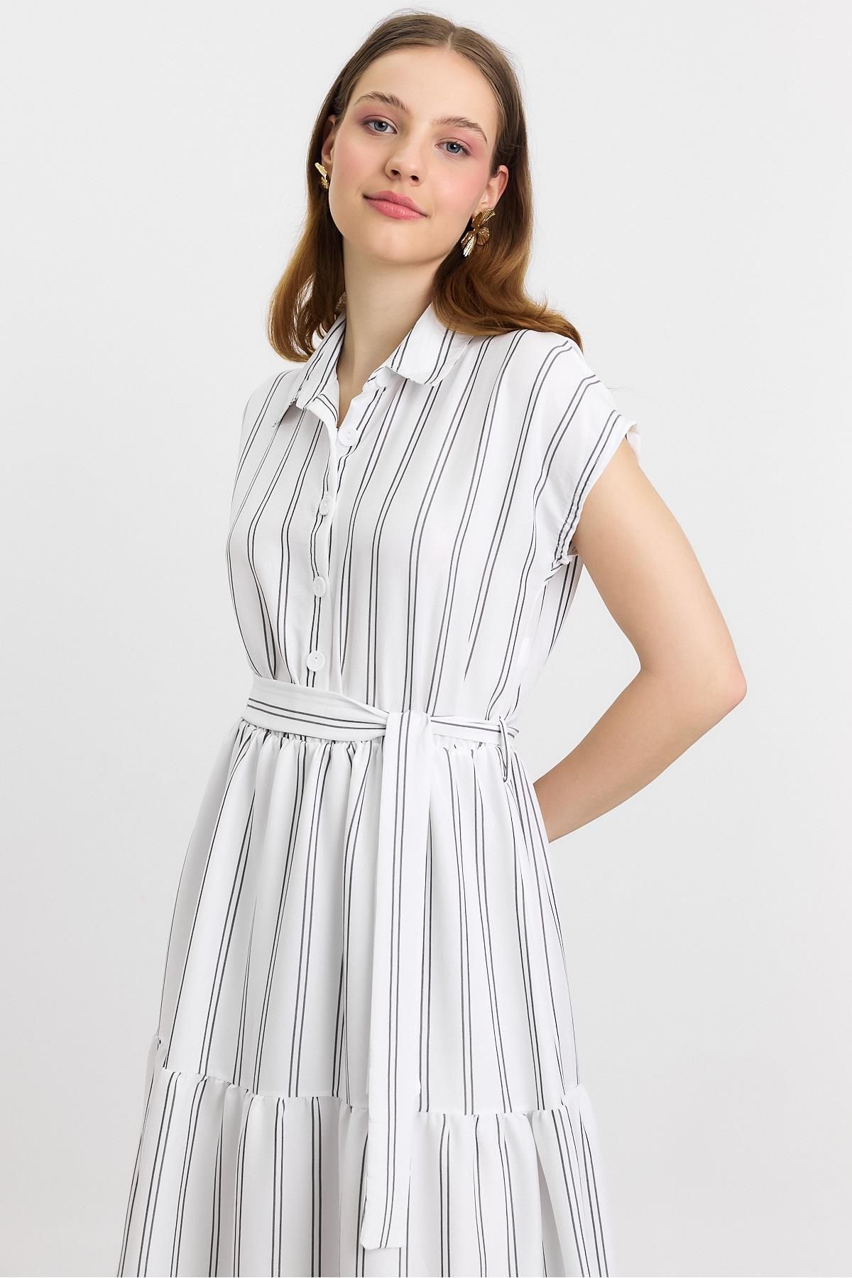 Rays-4443A Rochie lungă cu cravată în talie în dungi Ecru 3