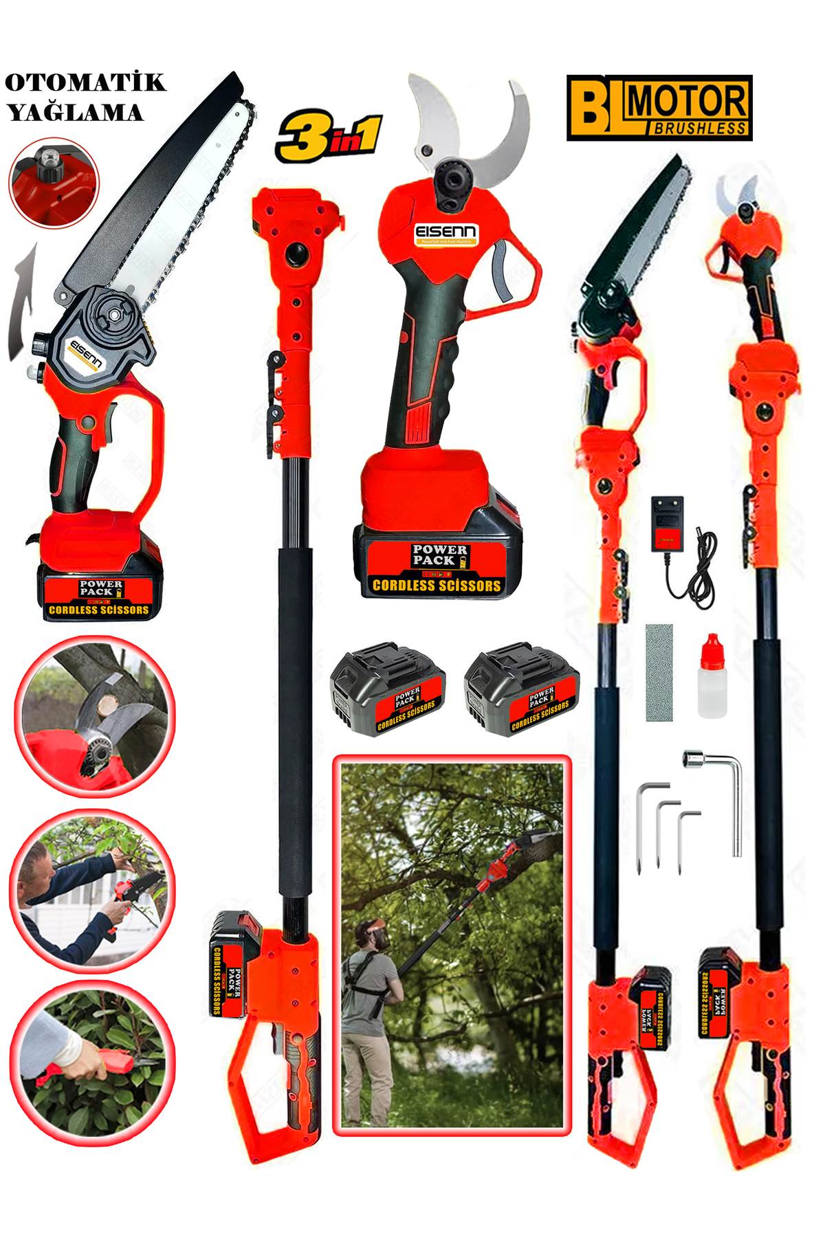 Eisenn German Red 3 Lü Budama Set Kömürsüz Motor Bağ Makası