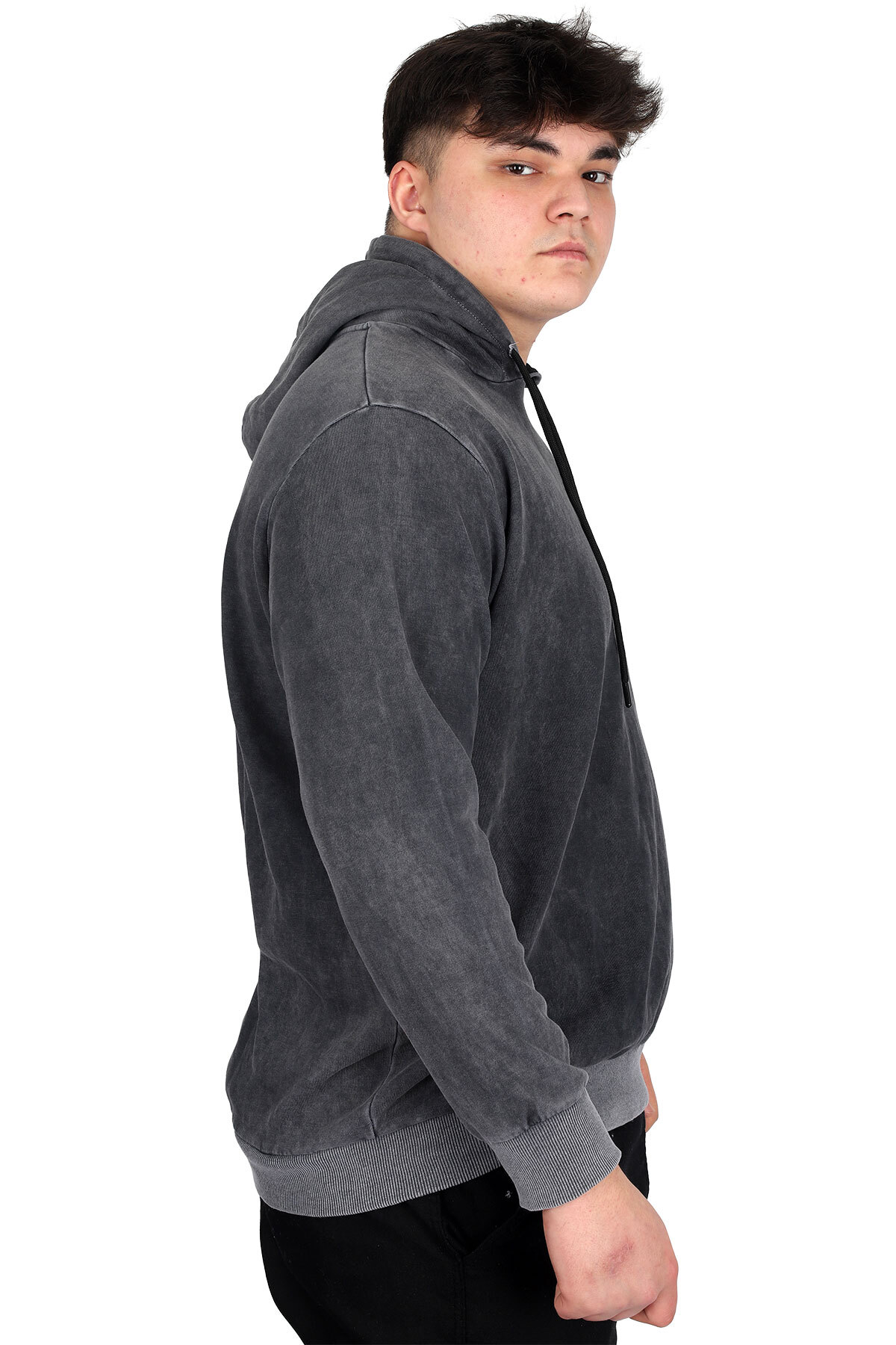 ModeXL Mode XL Büyük Beden Erkek Kapüşonlu Sweatshirt Asit Yıkama Interlok U24167 Beyaz görsel 2