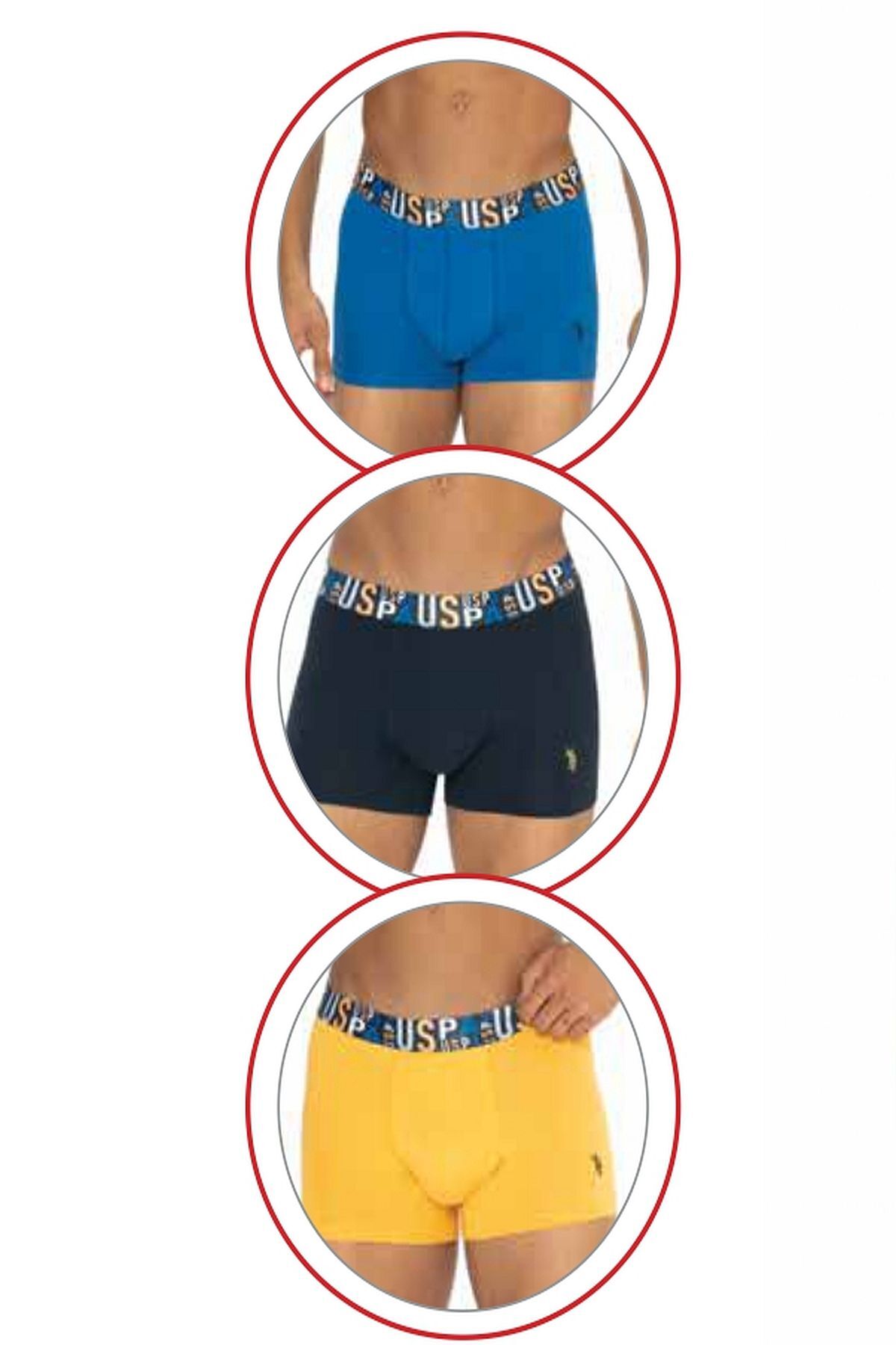 یو اس پولو شورت بوکس مردانه پنبه‌ای U.S. Polo Assn. 80572 - بسته 3 عددی - آبی سلطنتی، زرد و سرمه‌ای