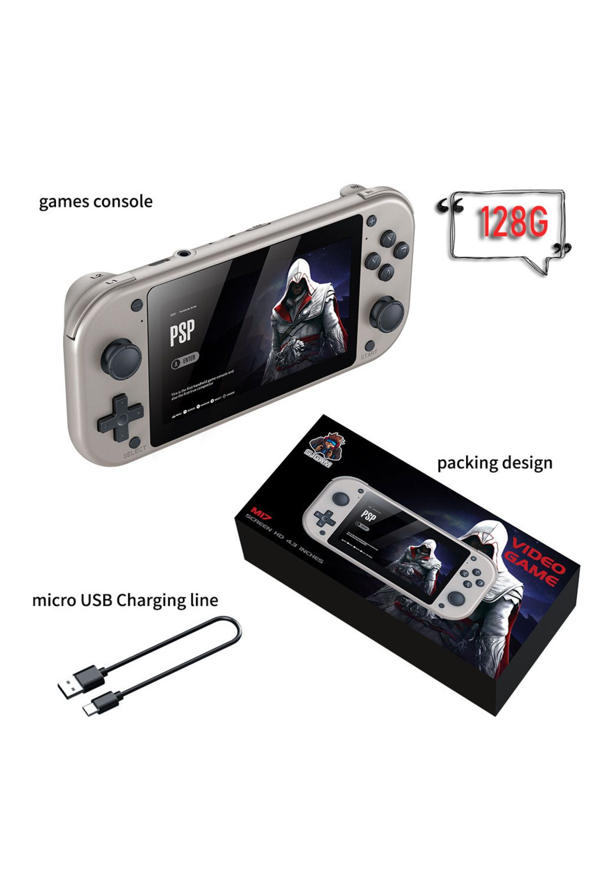 yydzkj-128g M17 Handheld Console Console 4.3 Inch Lcd Screen Retro Portable Video Game 20000 Built-in 25 1