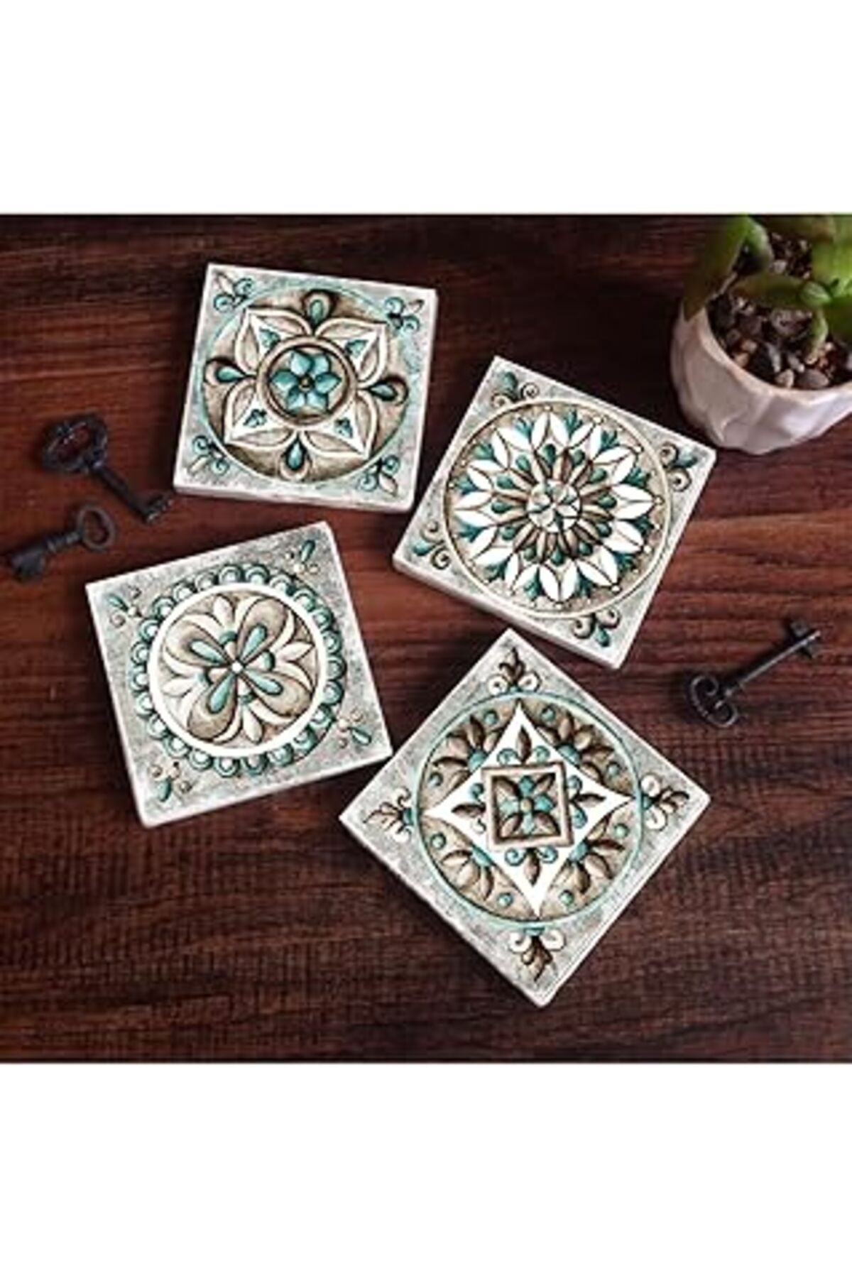 karadağsb Pinecone Çini Sanatı Taş Bardak Altlığı Seti - 4 Parça - Dekoratif, Rustik Mutfak Aksesuarı, 10X10