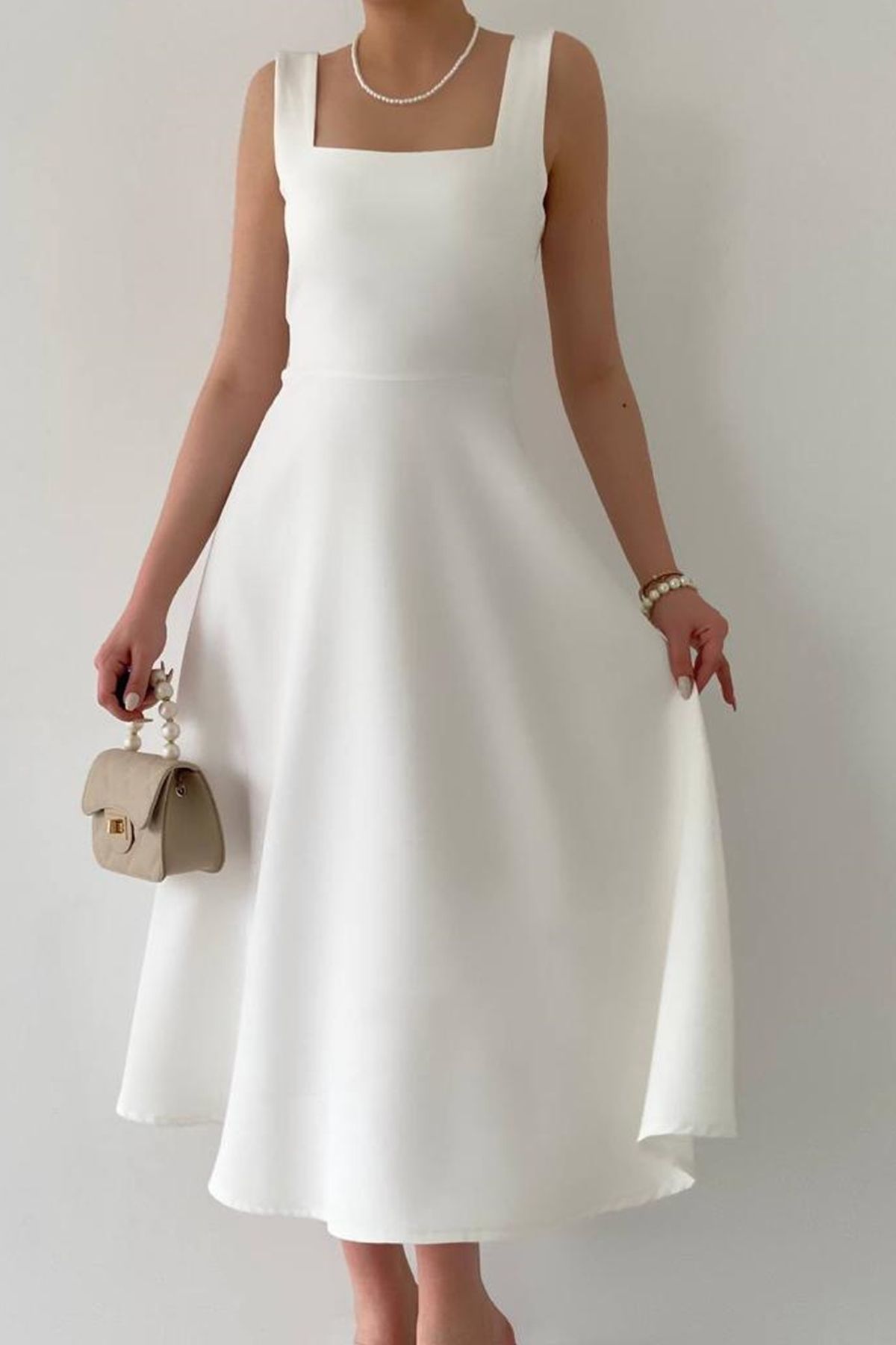 lovebox-Weißes Midi-Schlagkleid – quadratischer Ausschnitt, dicker Träger – Design 151 5