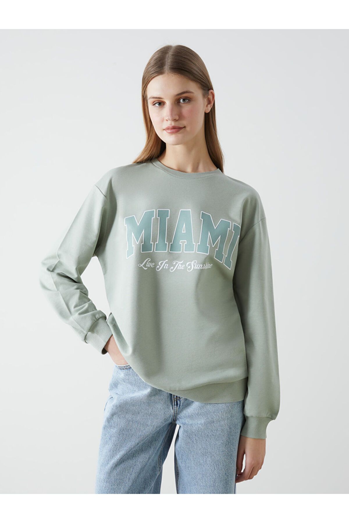 LC Waikiki Bisiklet Yaka Miami Baskılı Oversize Kadın Sweatshirt
