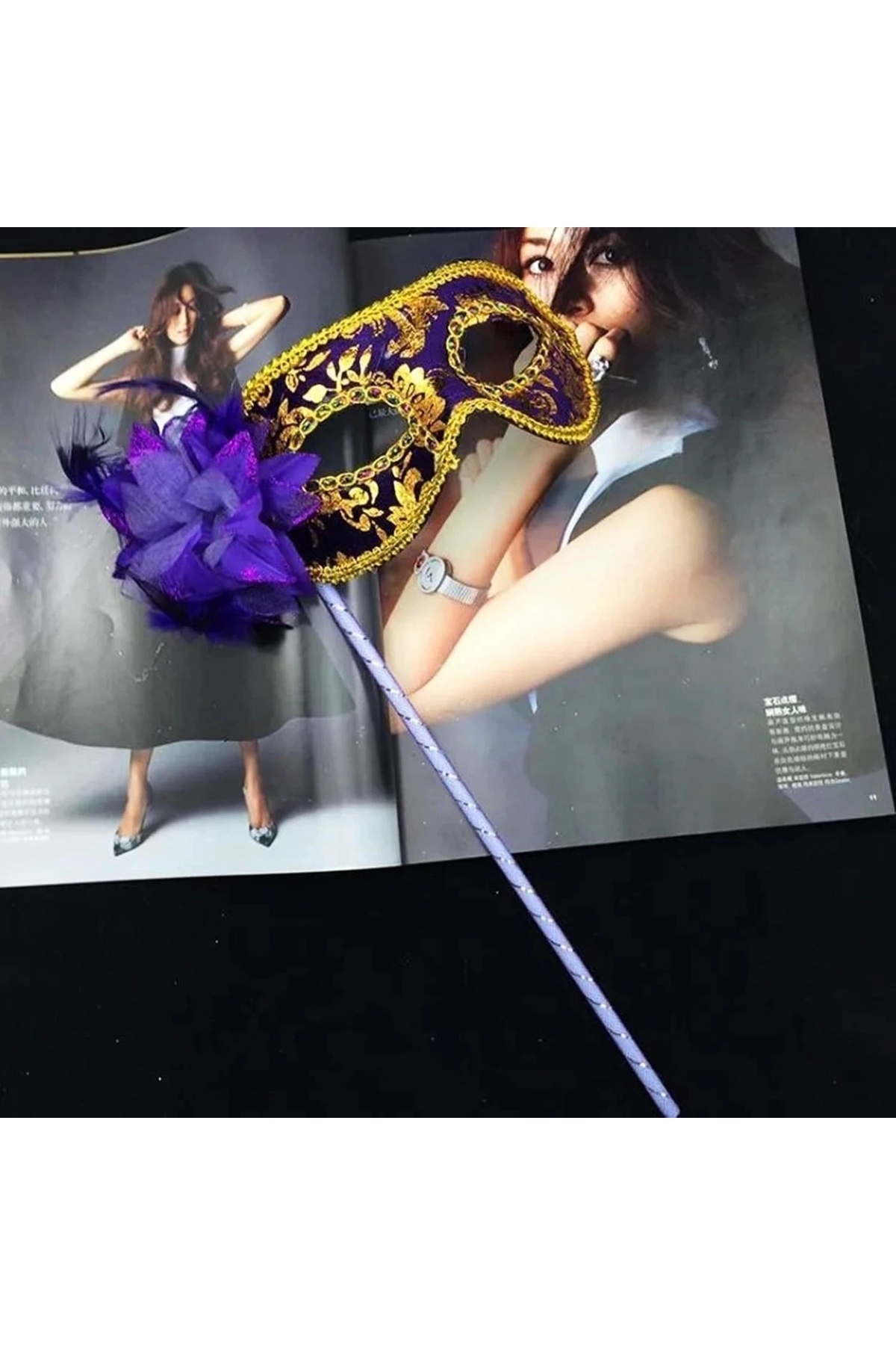 shopwave Lüks Taşlı Saplı Maskeli Balo Maskesi Mor Renk 35 Cm