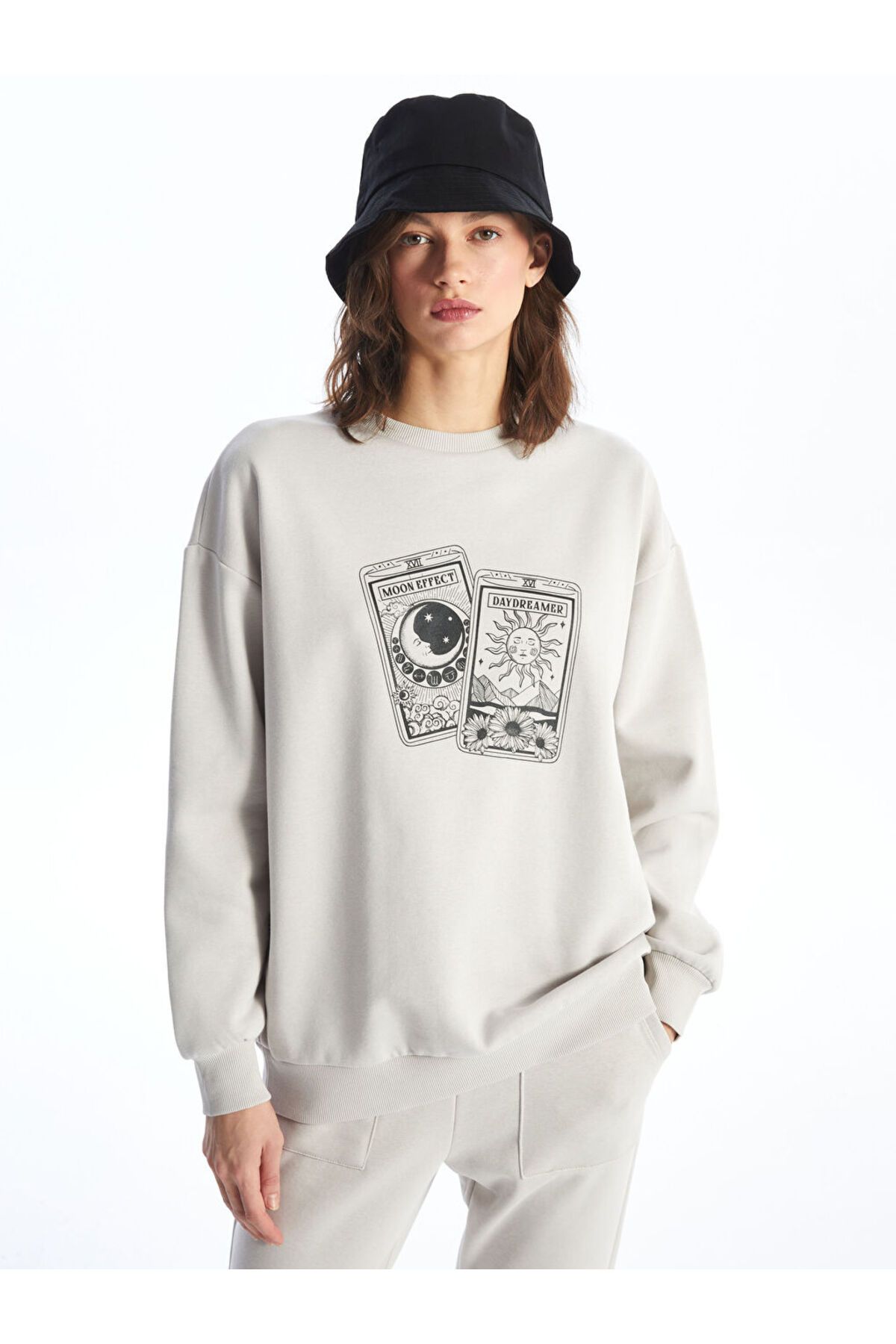 LC Waikiki Bisiklet Yaka Baskılı Uzun Kollu Oversize Kadın Sweatshirt