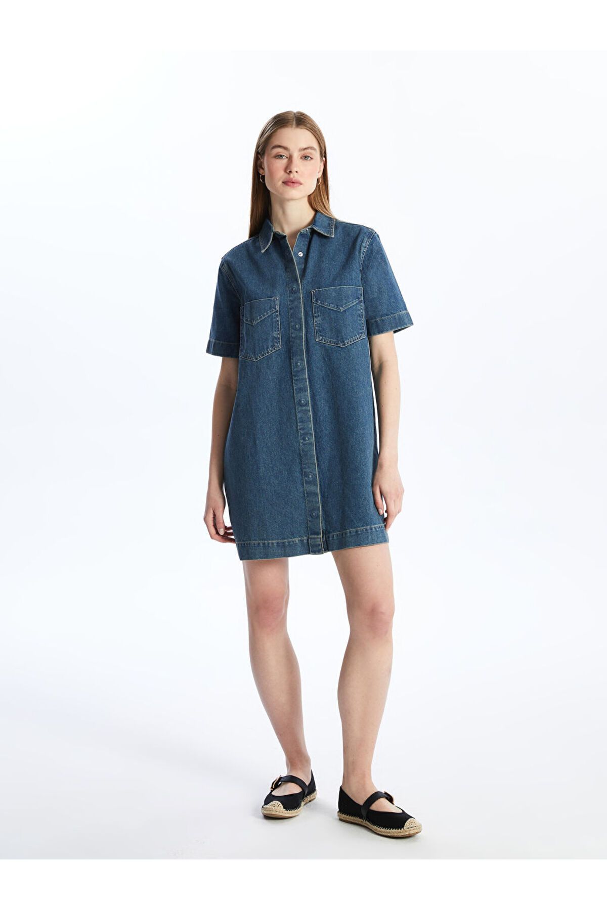 LC Waikiki Yeni Sezon Gomlek Yaka Duz Kisa Kollu Kadin Jean Elbise - S4JB83Z8