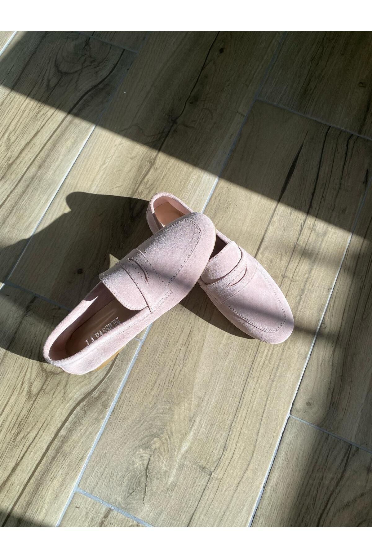 LA PASSION Hakiki süet deri toz pembe günlük kadın loafer