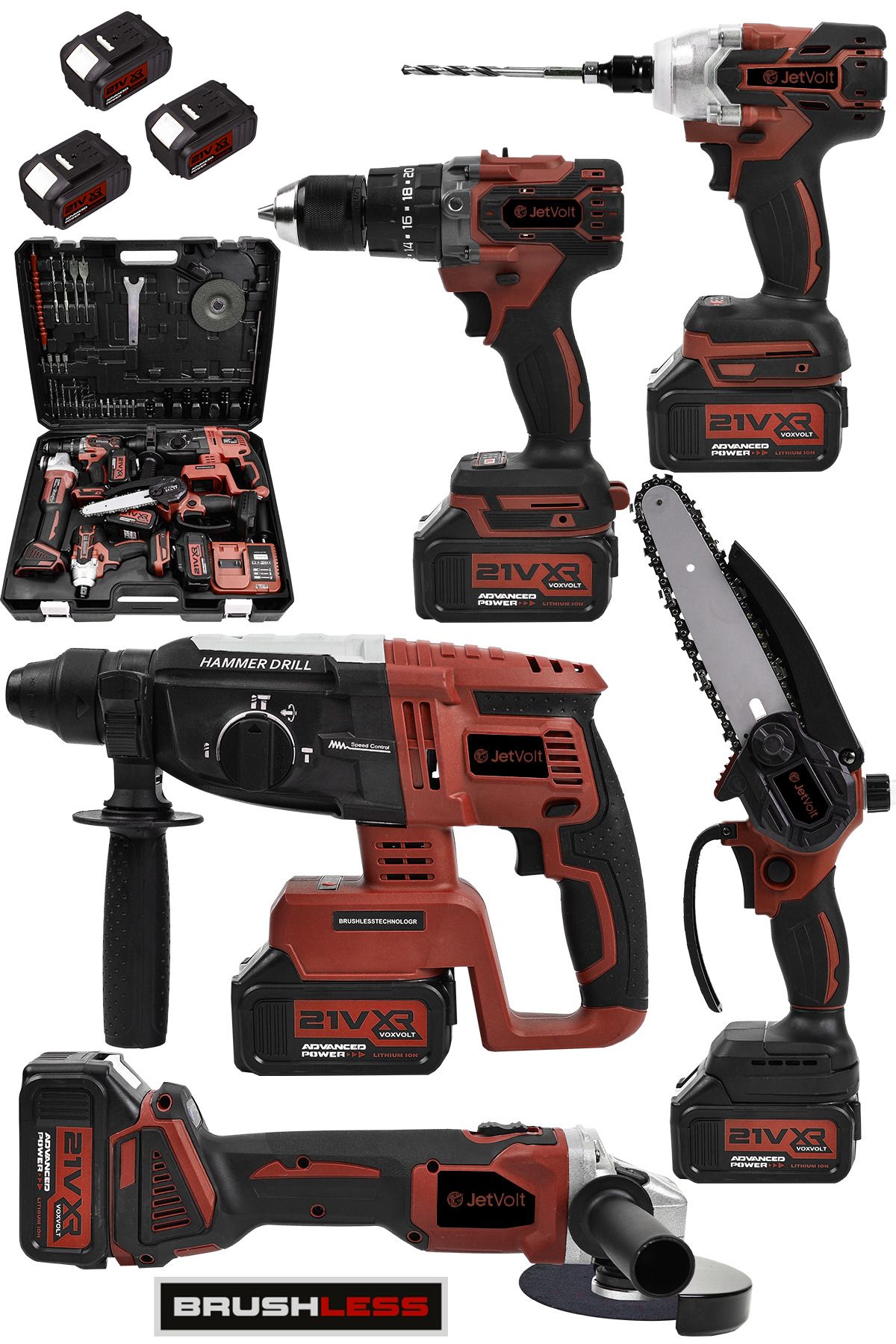 JetVolt 21V 2.0Ah Kömürsüz Darbeli 5'li Set Şarjlı Hilti + Taşlama + Somun Sıkma + Akülü Vidalama +