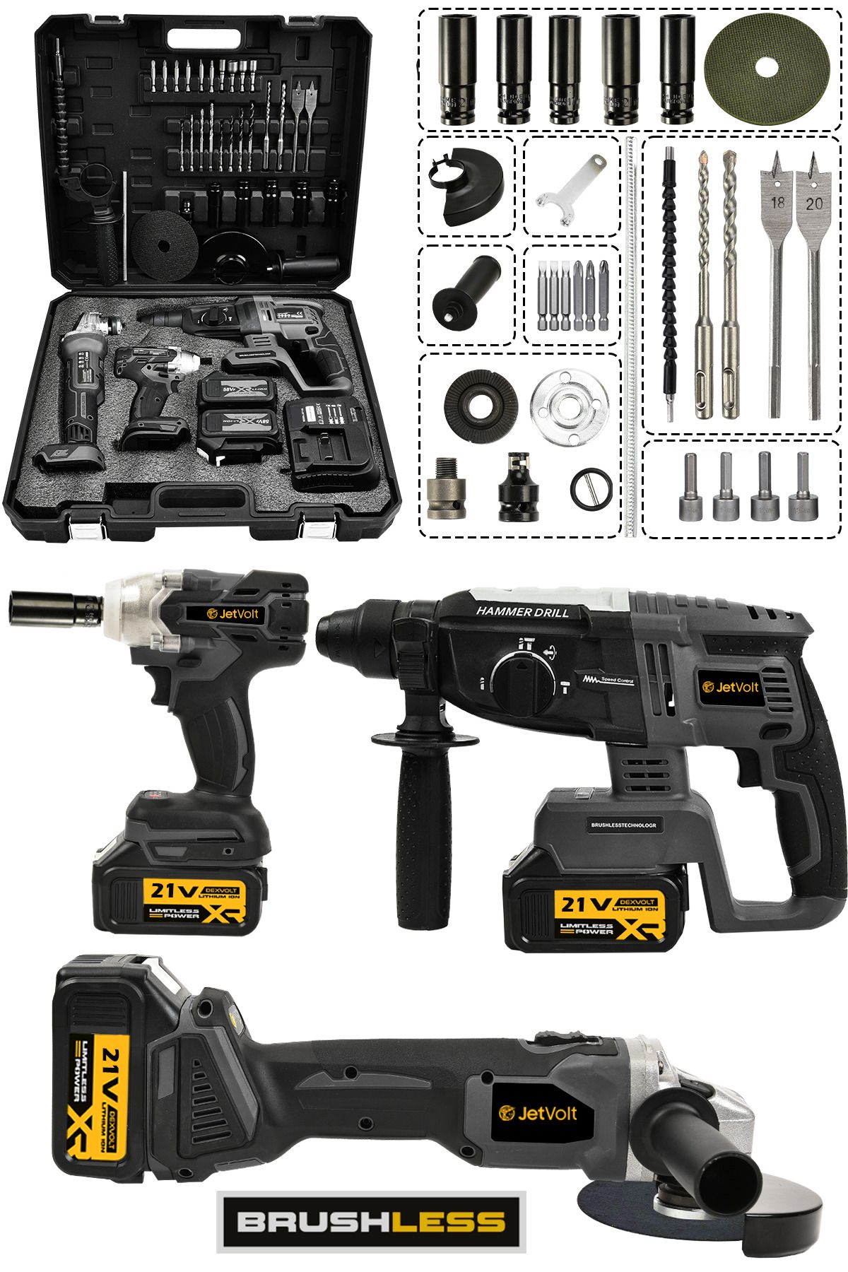 JetVolt 21V 2.0Ah 3 Lü Set Şarjlı Matkap Hilti 2-26mm 450Nm Torklu Vidalama Somun Sıkma Şarjlı Taşla