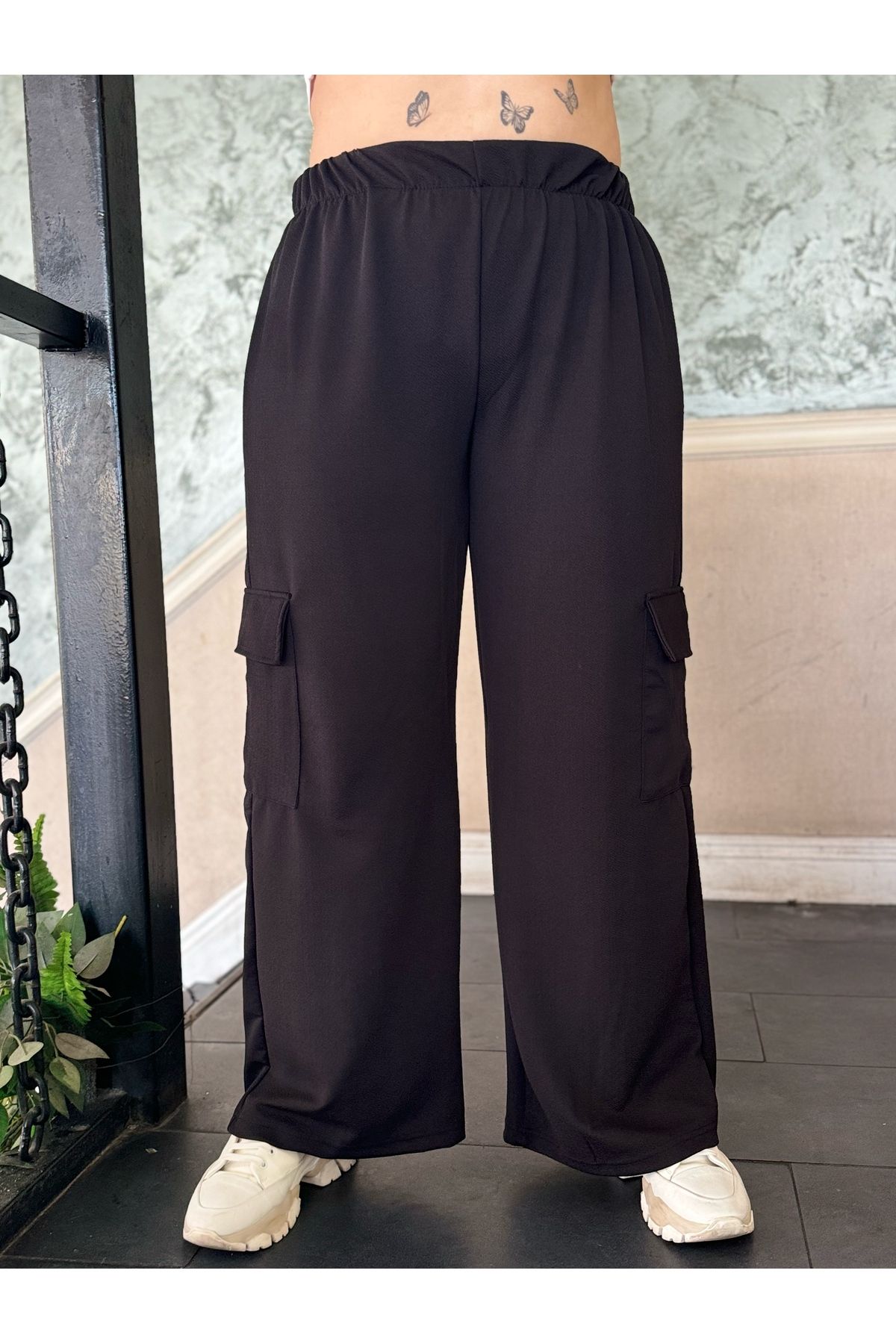 MODA-Women's Large Size Elastic Waist Flexible Cargo Pants with Pockets 5