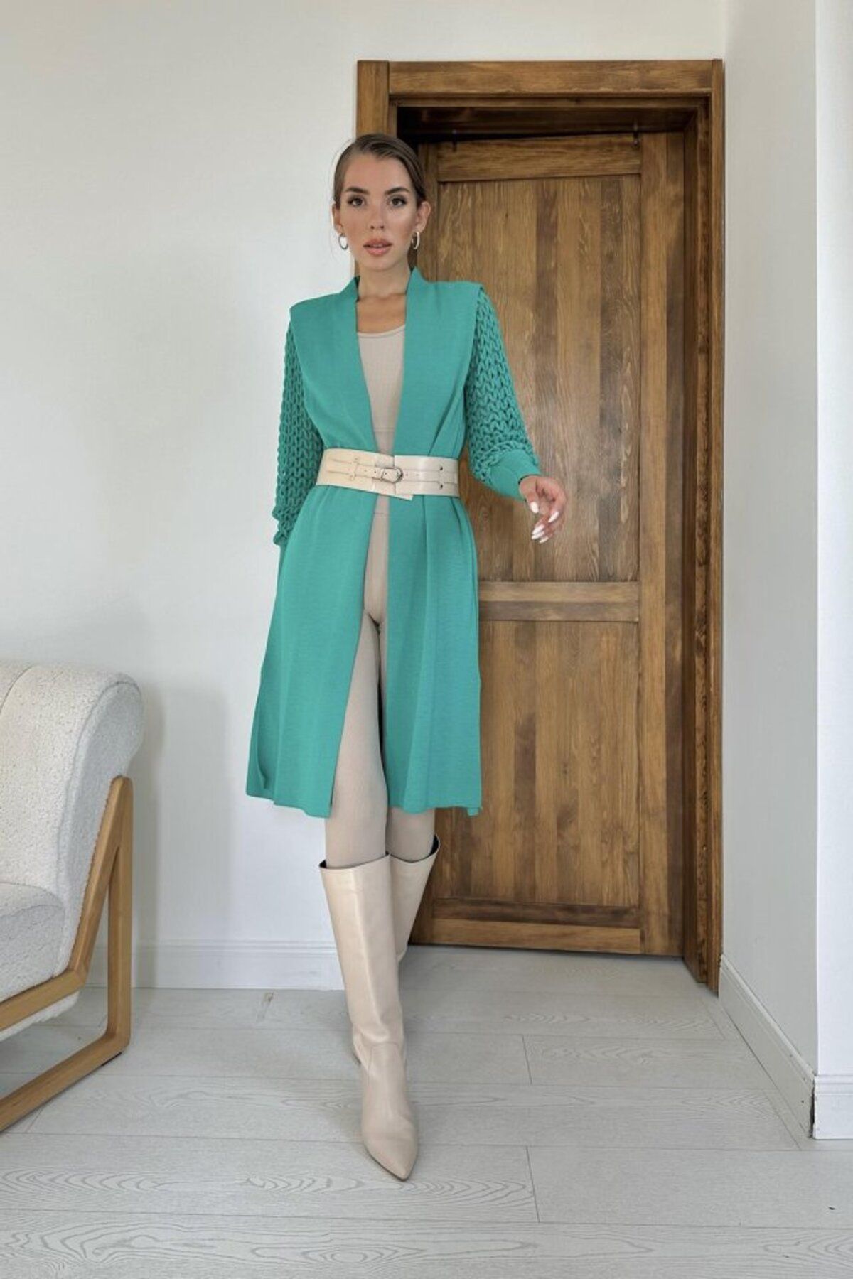 TUA MODA TUA MODA Yeşil Kolları Örgülü Triko Hırka
