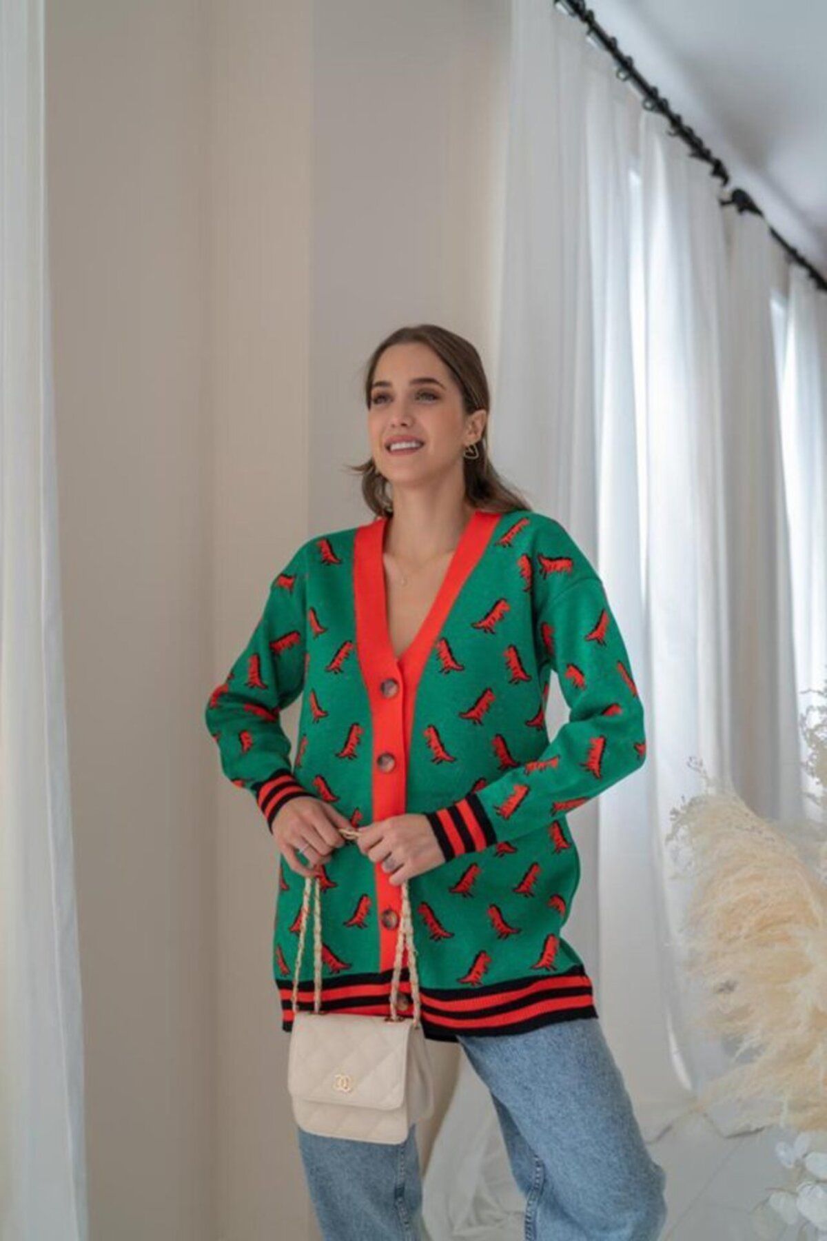 ASFSTORE Yeşil Desenli Hırka