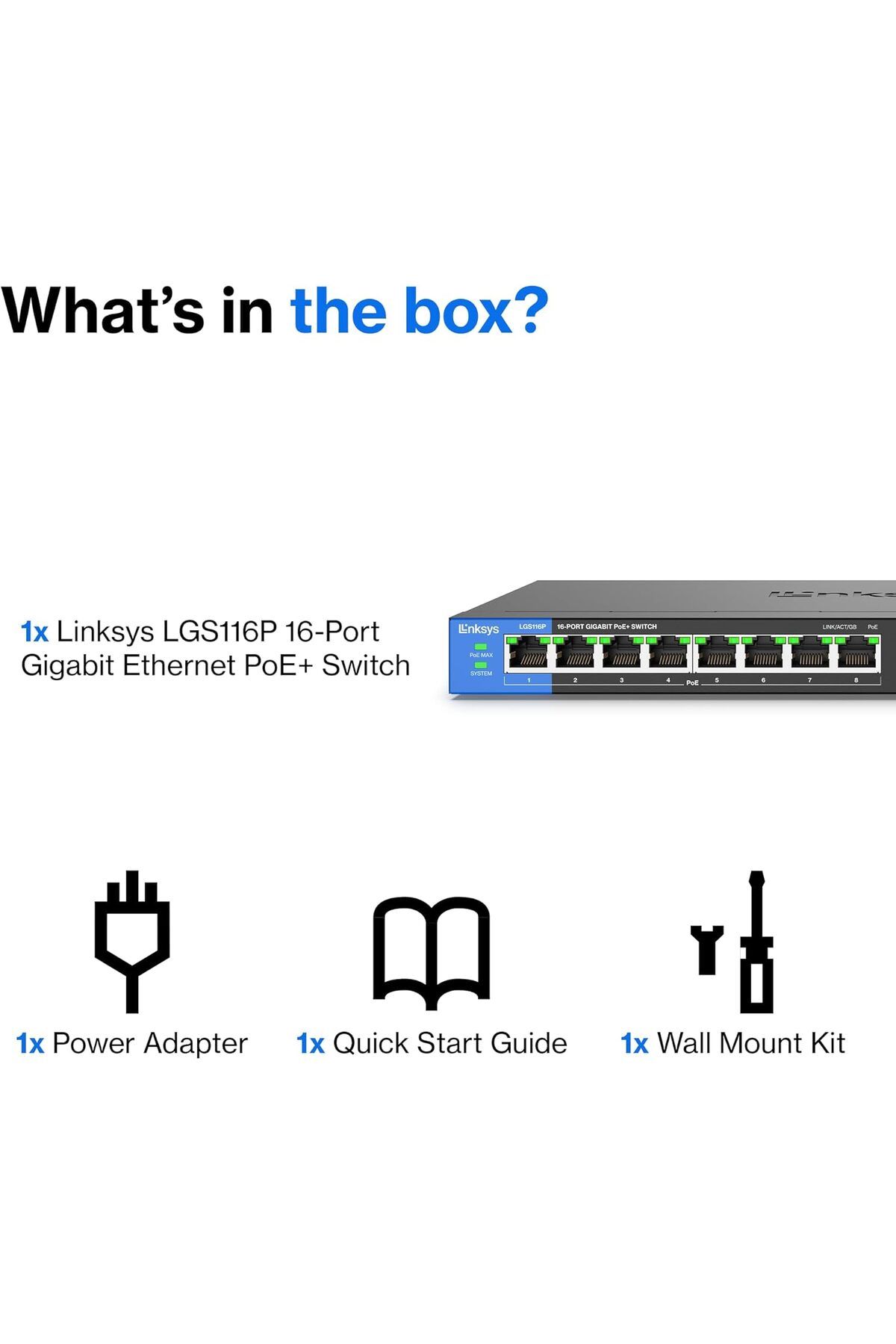 Linksys-LGS116P: 16-Port Business Desktop Gigabit PoE+ Unmanaged Network Switch, Ethernet Plus, Wire 8