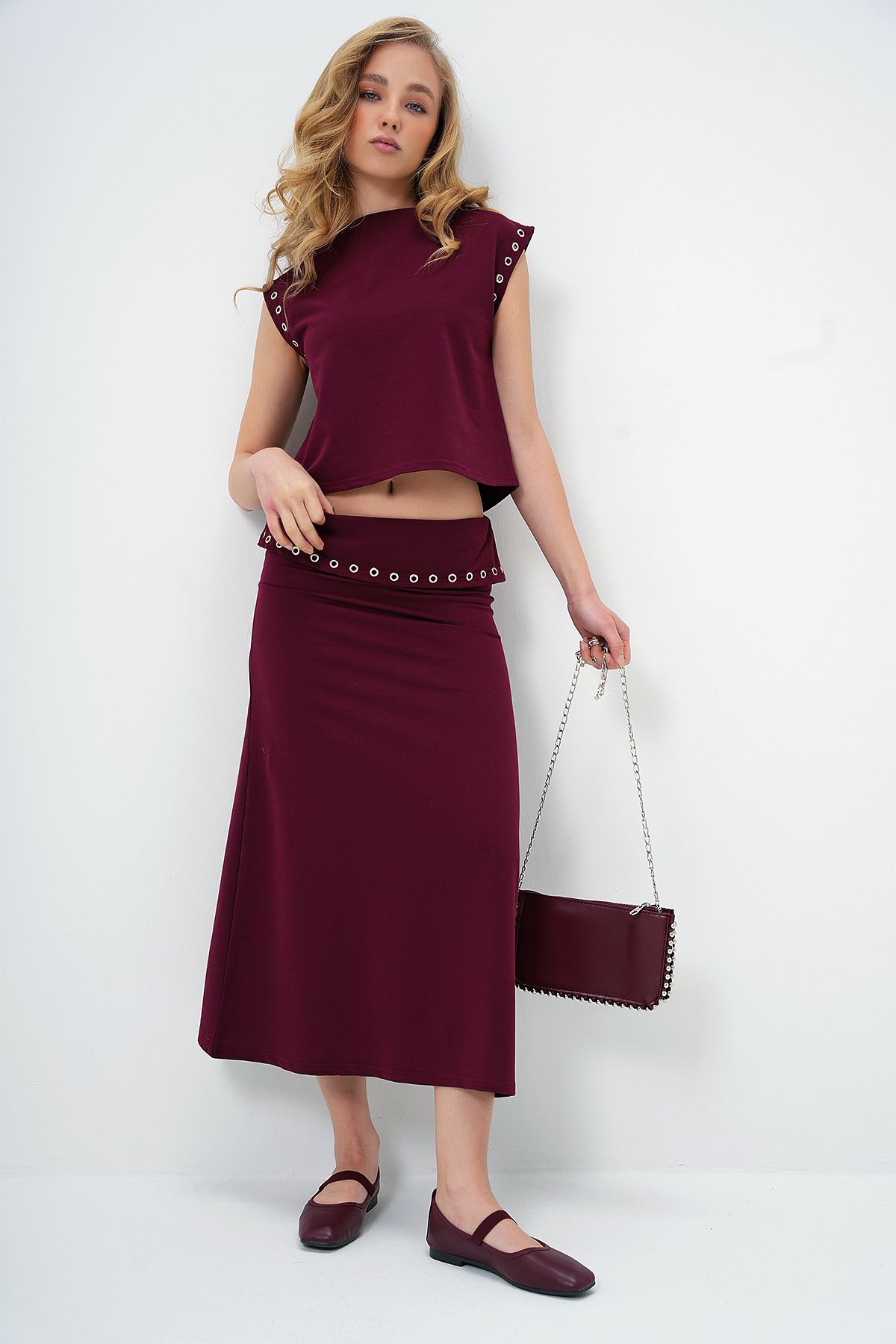 Trend Alaçatı Stili-Burgunderfarbenes Damen-Set mit Stehkragen, Bluse und Rock ALC-X13482 5