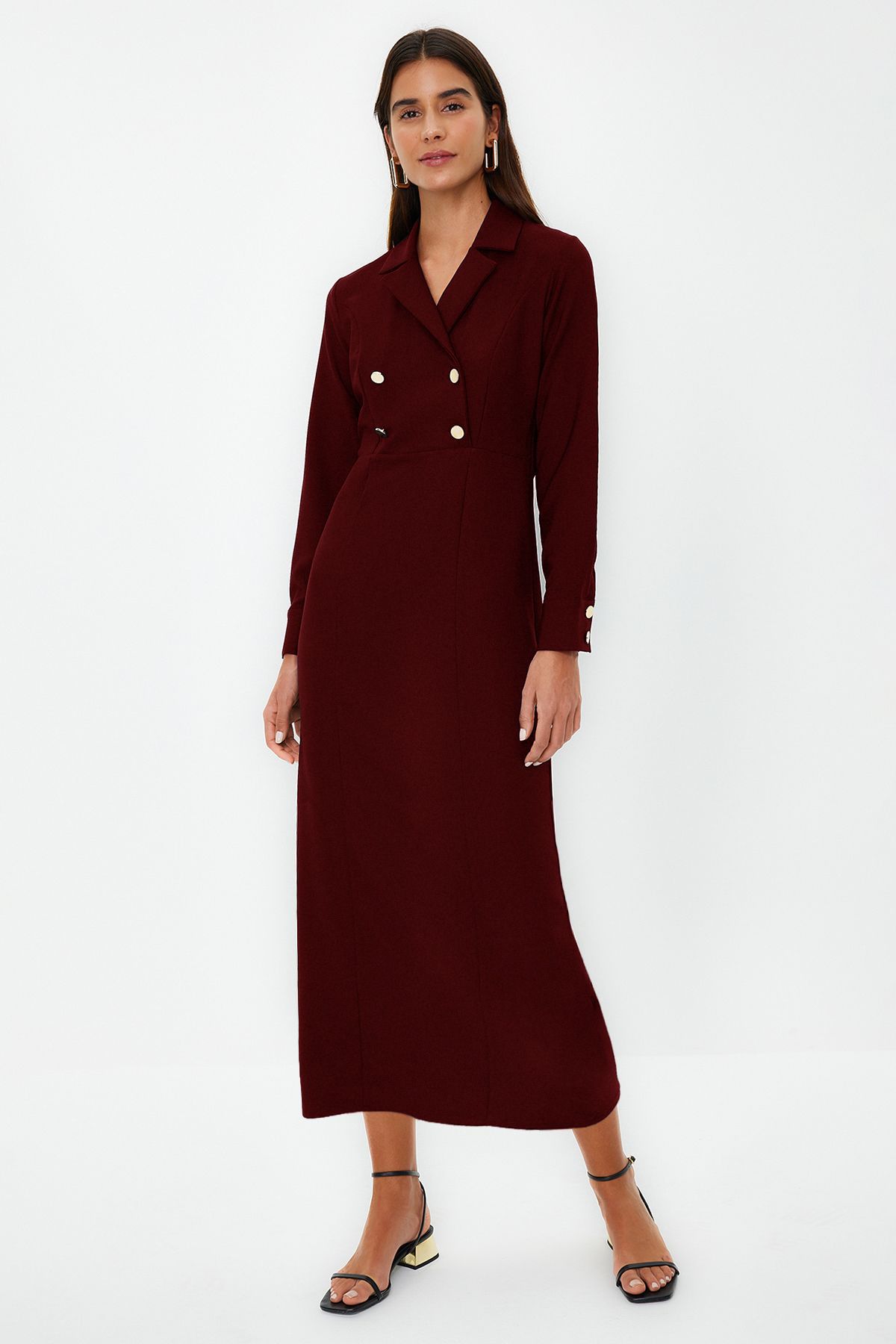 Trendyol Modest Bordó duplasoros galléros aranygombos részletes szőtt ruha TCTSS24EB00020