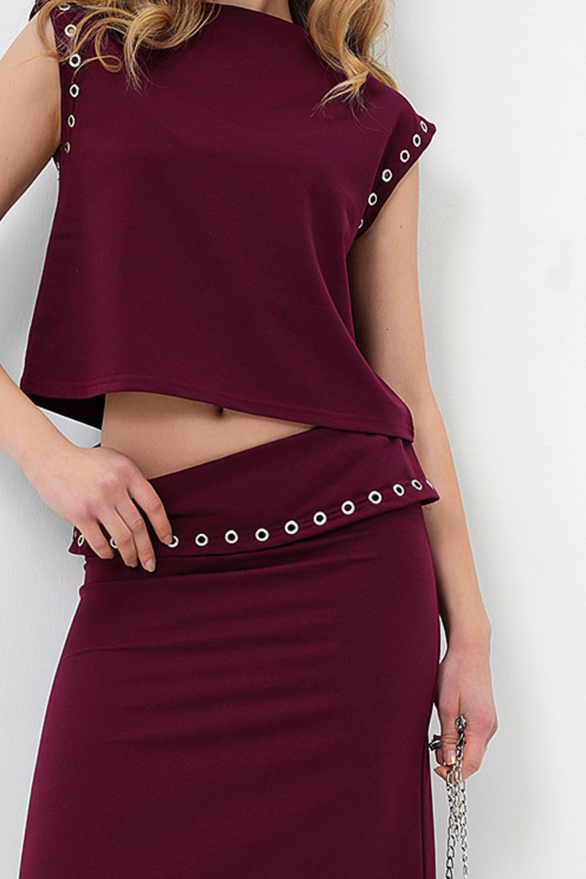 Trend Alaçatı Stili-Burgunderfarbenes Damen-Set mit Stehkragen, Bluse und Rock ALC-X13482 3