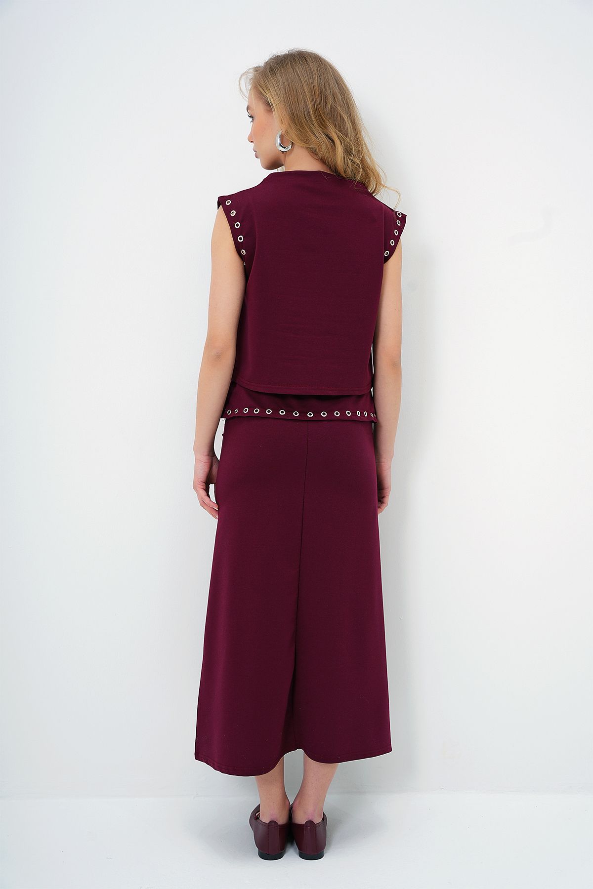 Trend Alaçatı Stili-Burgunderfarbenes Damen-Set mit Stehkragen, Bluse und Rock ALC-X13482 6