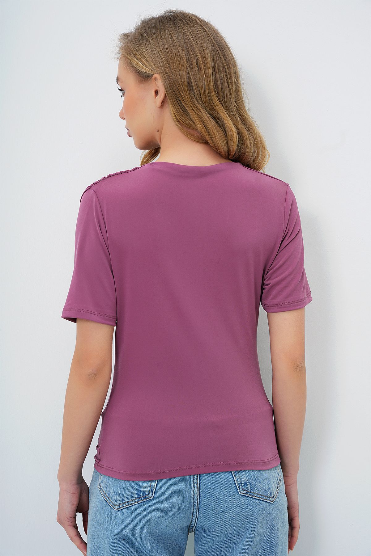 Trend Alaçatı Stili-Bluză pentru femei cu jumătate de mânecă - Dusty Rose, guler vertical, talie și umeri drapate în stil Sandy ALC-X13521 5