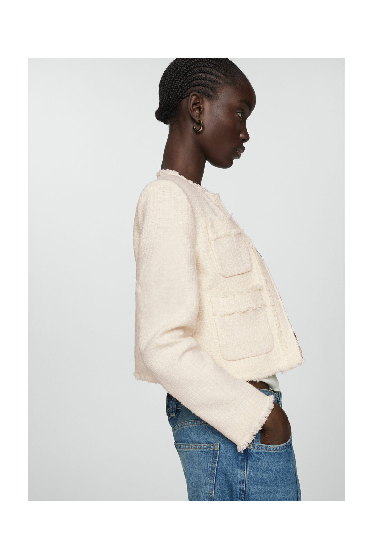 MANGO Woman Marynarka z tweedu z zamkiem błyskawicznym