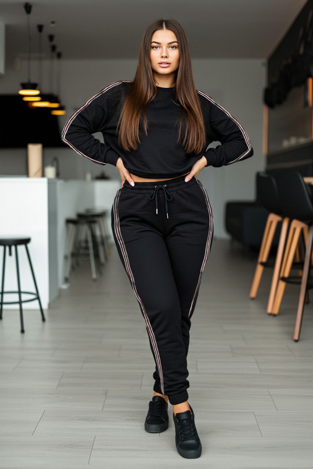 Trendyol Curve-Plus Size Black Knitted Tracksuit Set - Crew Neck, Stripe Detail, Fleece Tbbaw25Cp00011 8