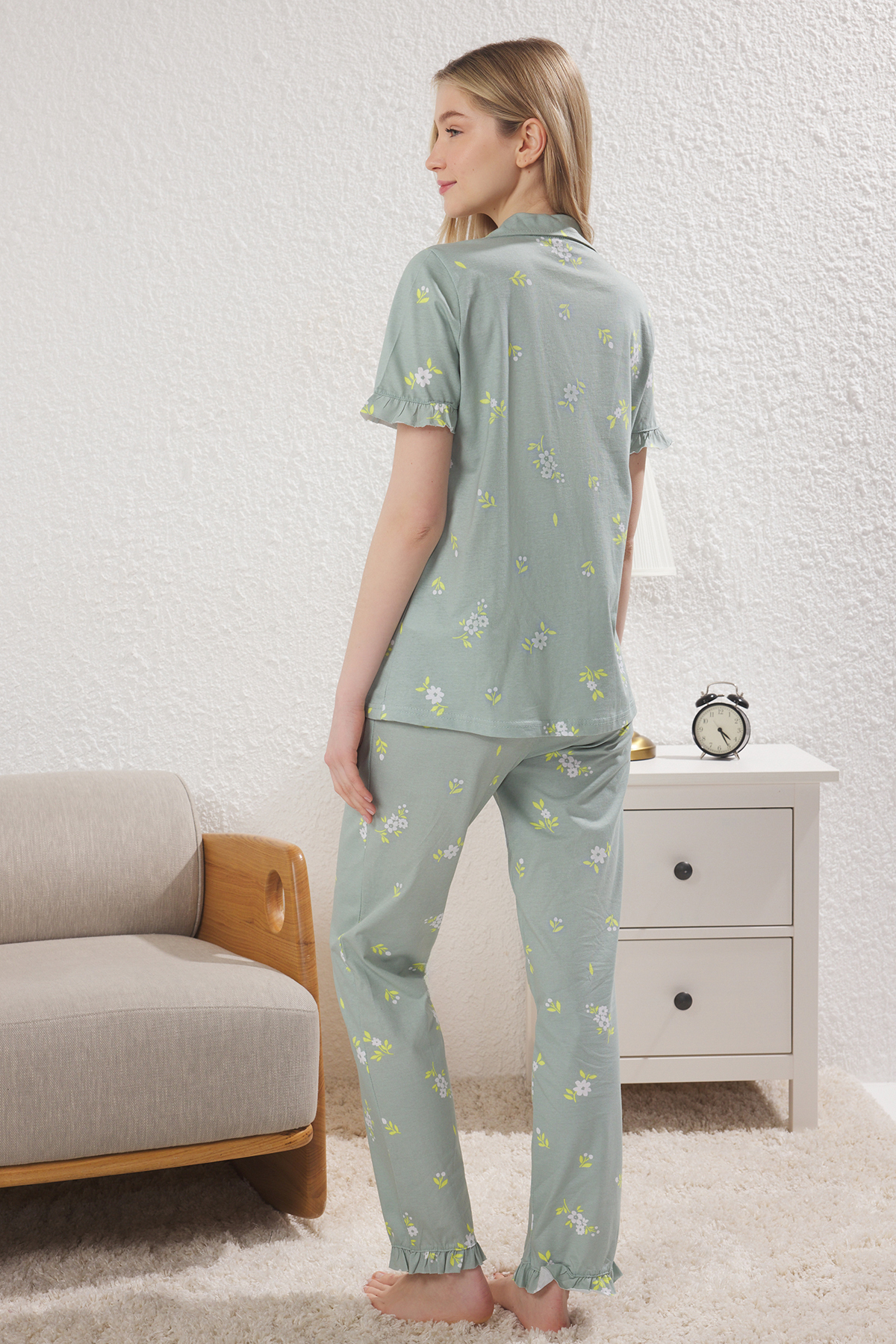 Trendyolmilla  Mint %100 Pamuklu Çiçekli Fırfırlı Örme Pijama Takımı THMSS24PT00227 - Görsel 4