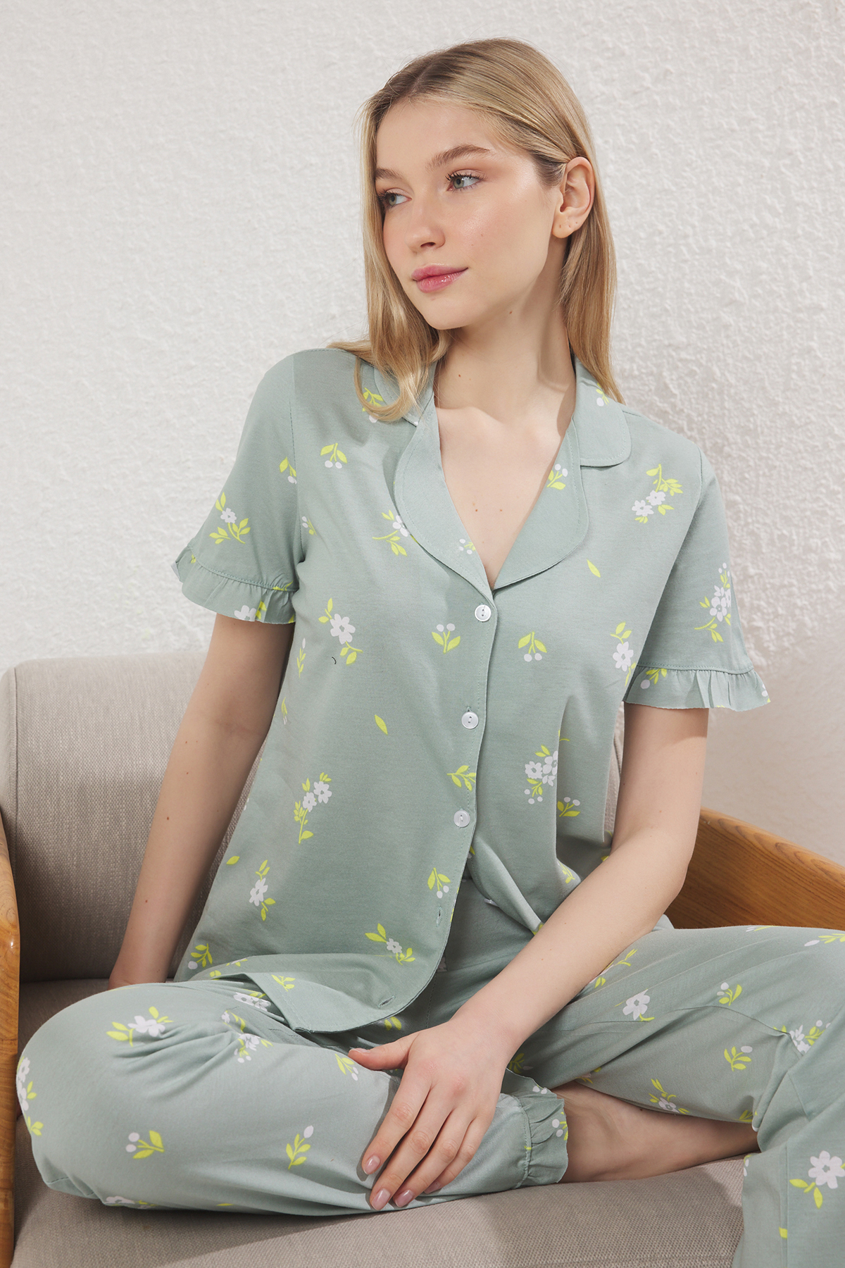Trendyolmilla  Mint %100 Pamuklu Çiçekli Fırfırlı Örme Pijama Takımı THMSS24PT00227 - Görsel 2